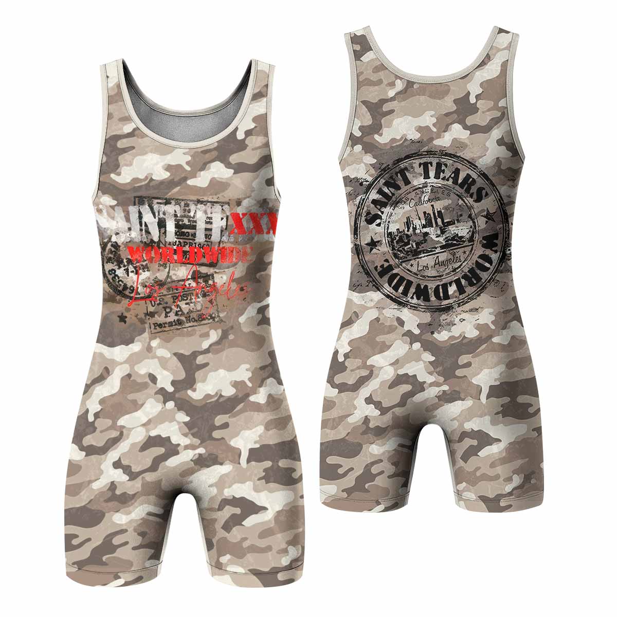 Saint Tears Camo Wrestling Singlet - front and back view
