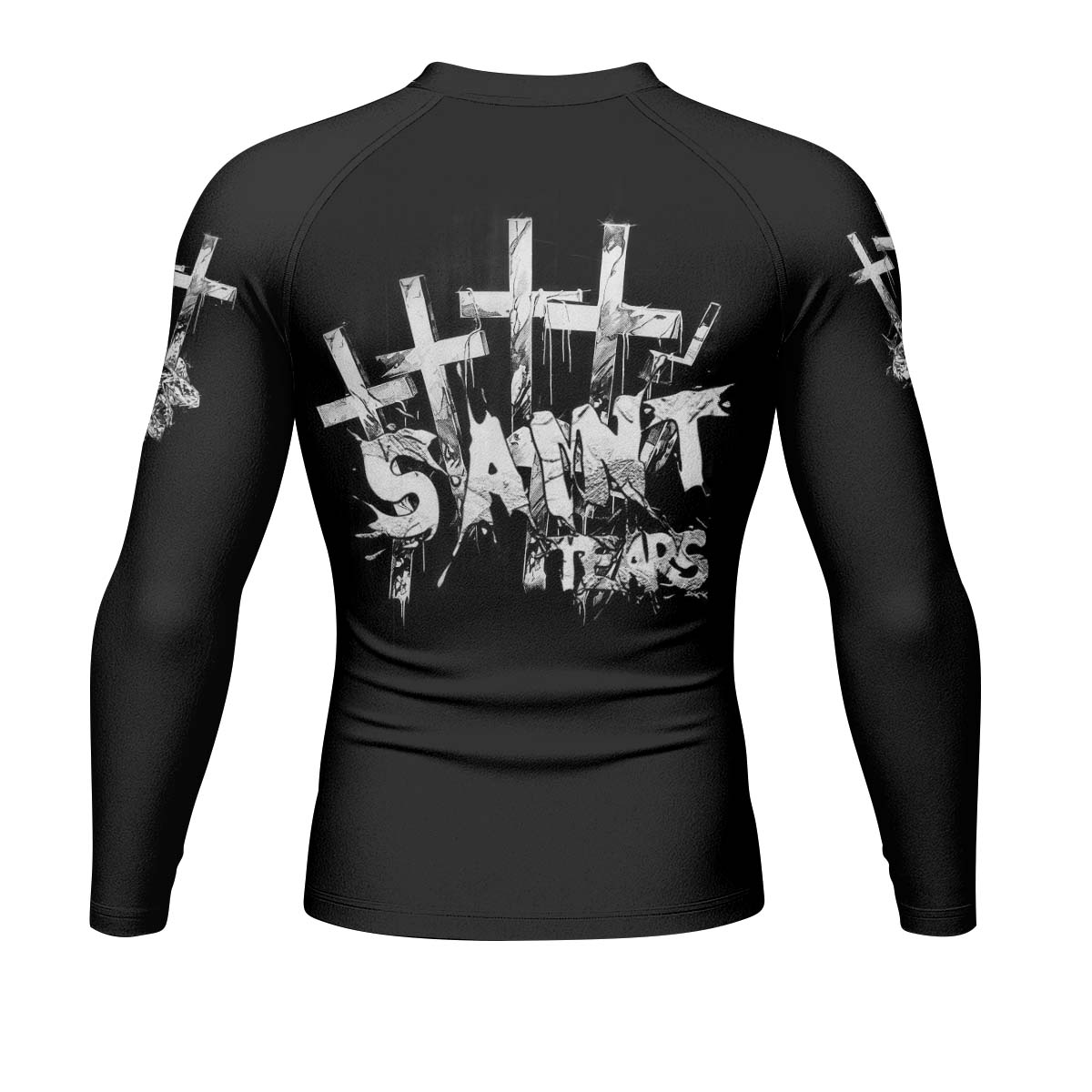 Saint Tears Men’s Long Sleeve Rash Guard - back view mockup