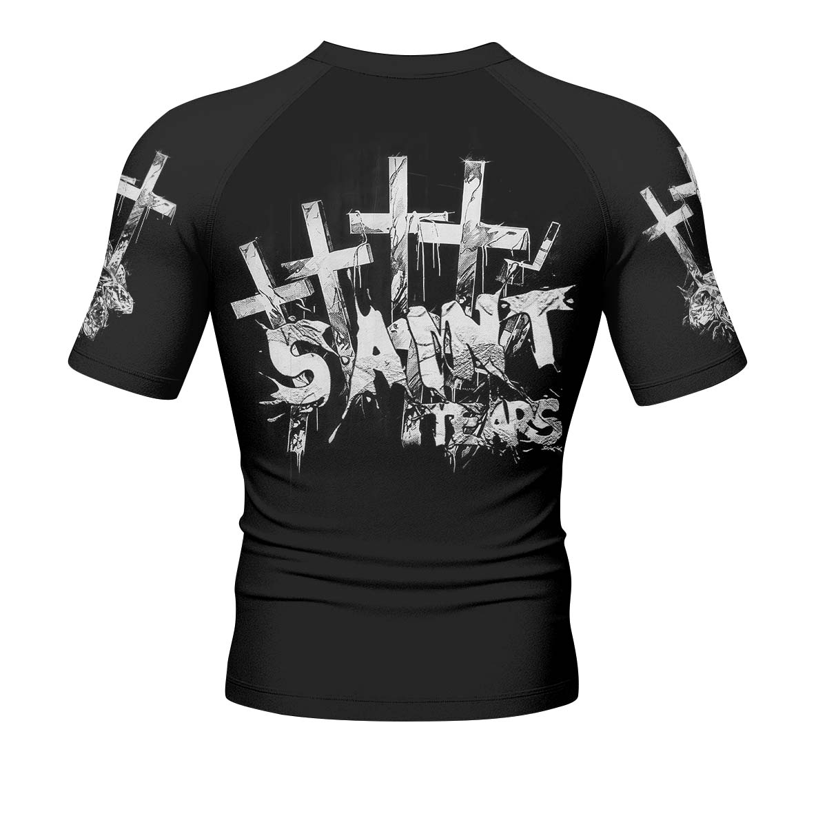 Saint Tears Men’s Short Sleeve Rash Guard - back view mockup