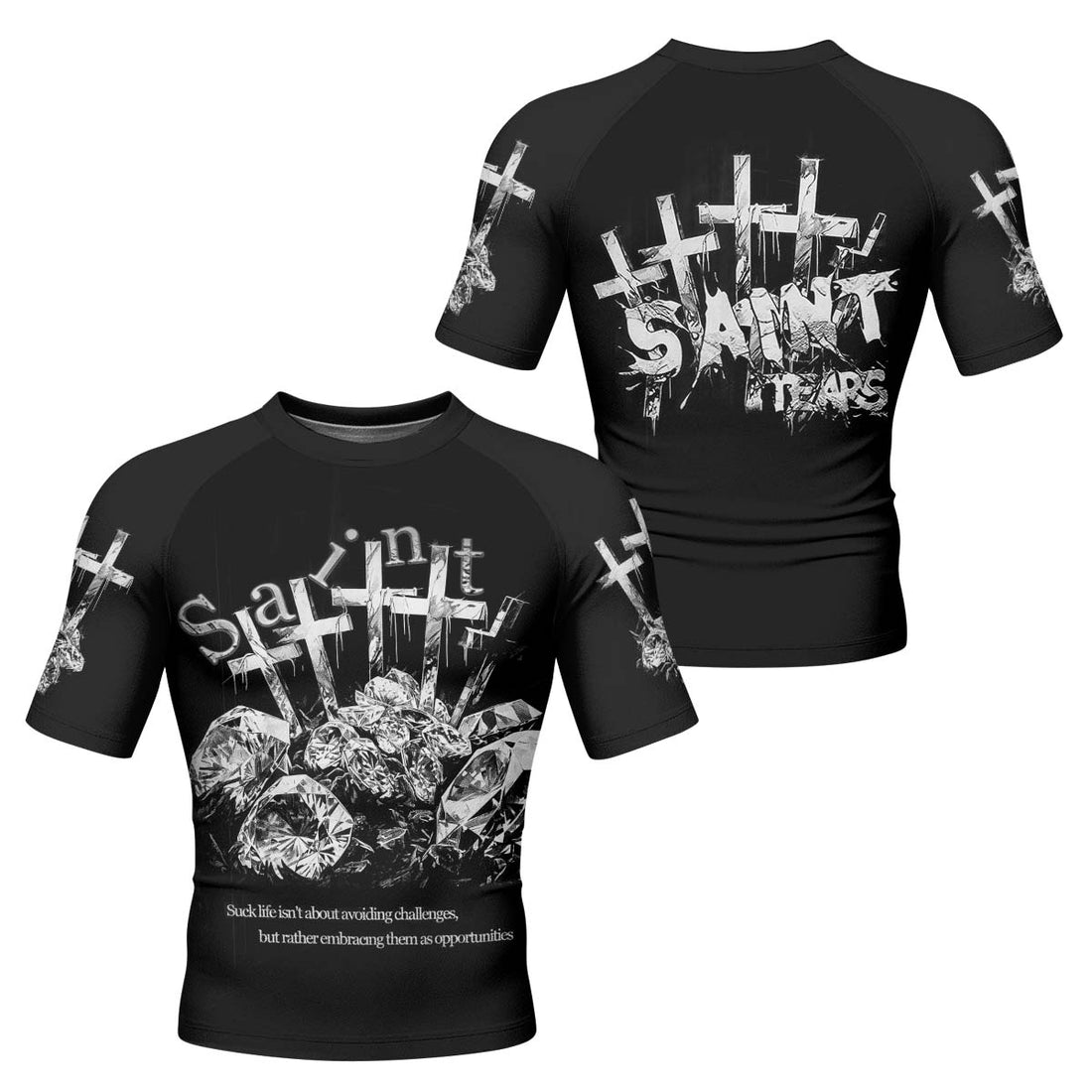 Saint Tears Men’s Short Sleeve Rash Guard - front and back view