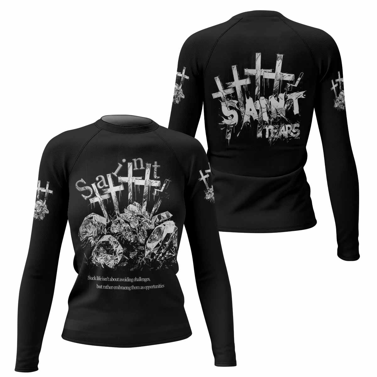 Saint Tears Women’s Long Sleeve Rash Guard - front and back view