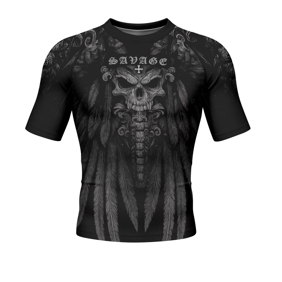 Savage Winged Skull Men’s Short Sleeve Rash Guard - front and back view