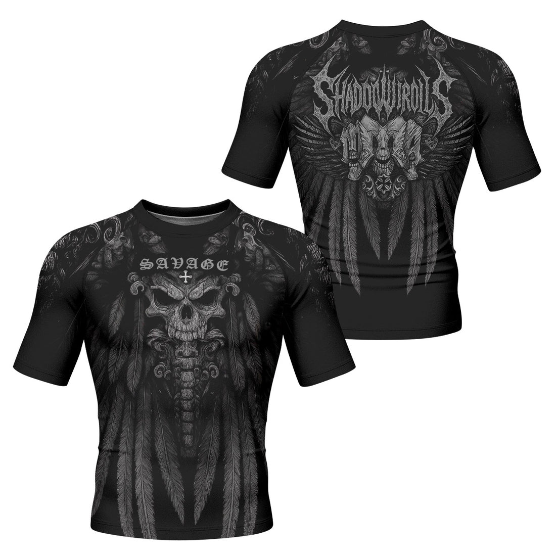 Savage Winged Skull Men’s Short Sleeve Rash Guard - front and back view