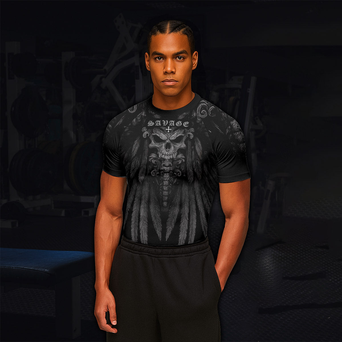 Savage Winged Skull Men’s Short Sleeve Rash Guard - lifestyle view