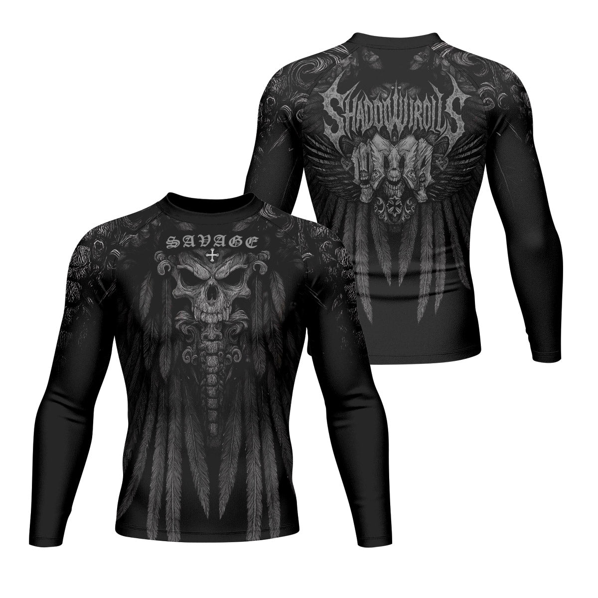Savage Winged Skull Men’s Long Sleeve Rash Guard - front and back view