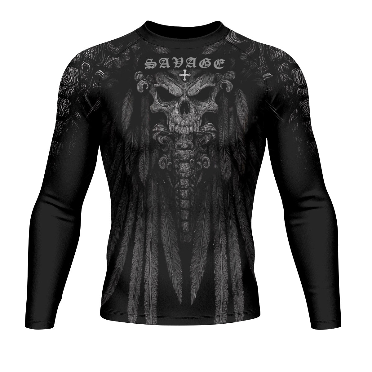 Savage Winged Skull Men’s Long Sleeve Rash Guard - front view mockup