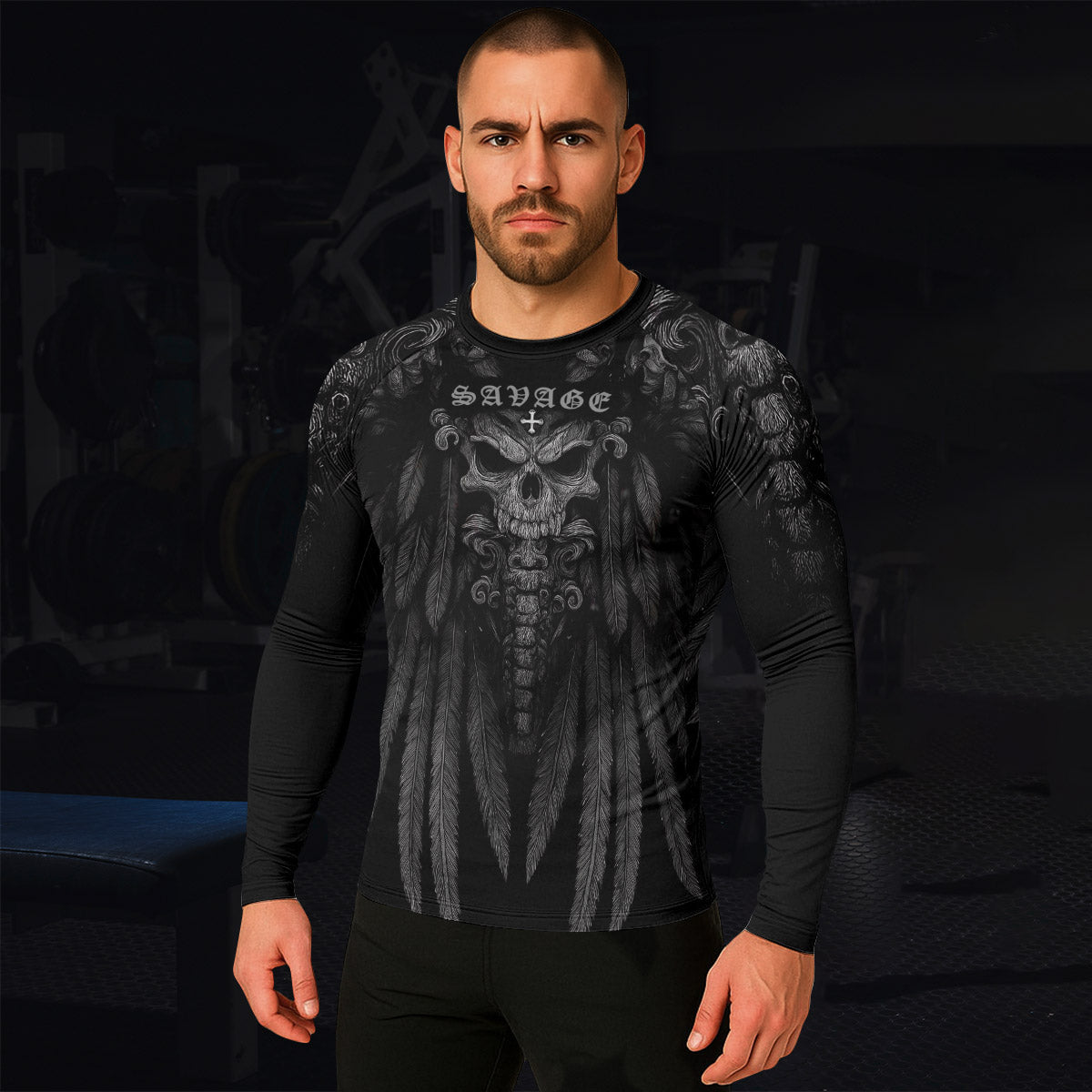 Savage Winged Skull Men’s Long Sleeve Rash Guard - lifestyle view