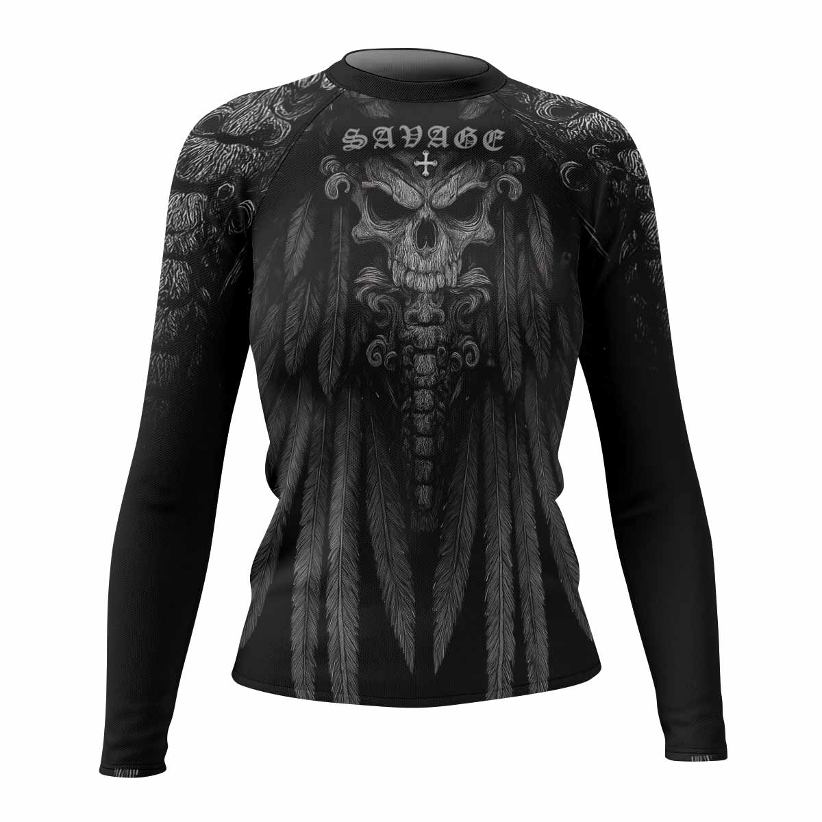 Savage Winged Skull Women’s Long Sleeve Rash Guard - front view mockup