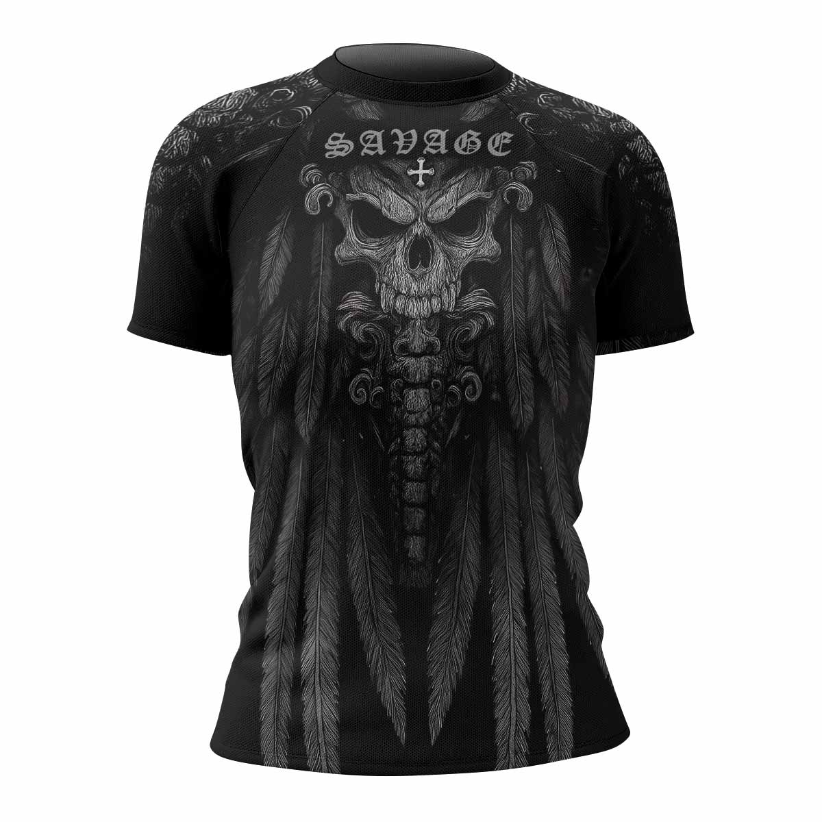 Savage Winged Skull Women’s Short Sleeve Rash Guard - front view mockup