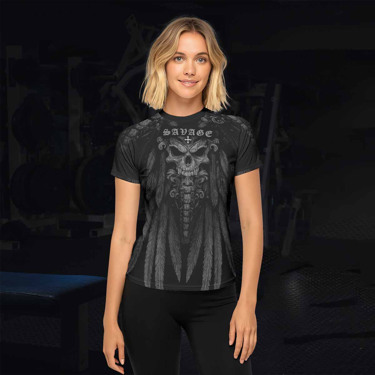 Savage Winged Skull Women’s Short Sleeve Rash Guard - lifestyle view