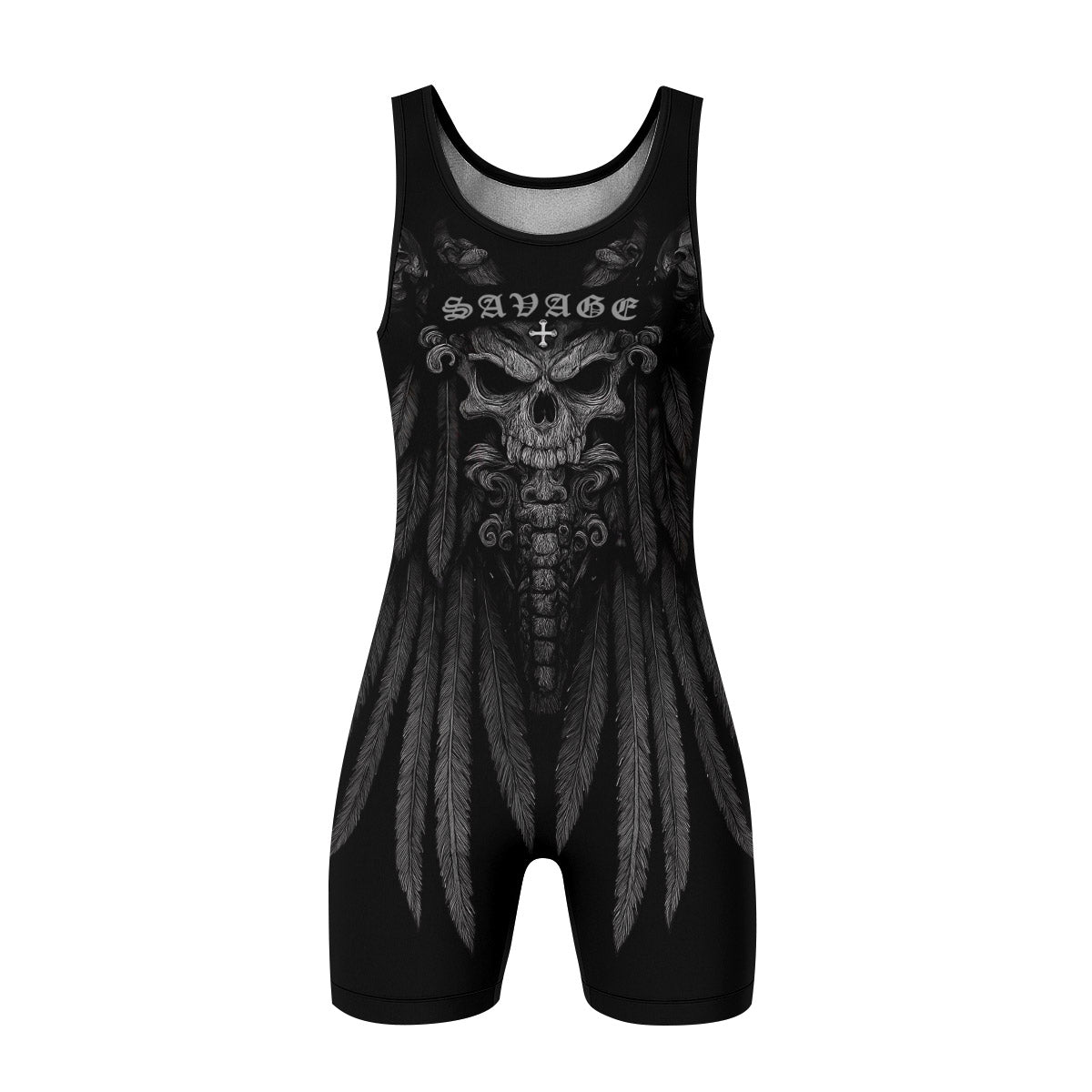 Savage Winged Skull Wrestling Singlet - front view mockup