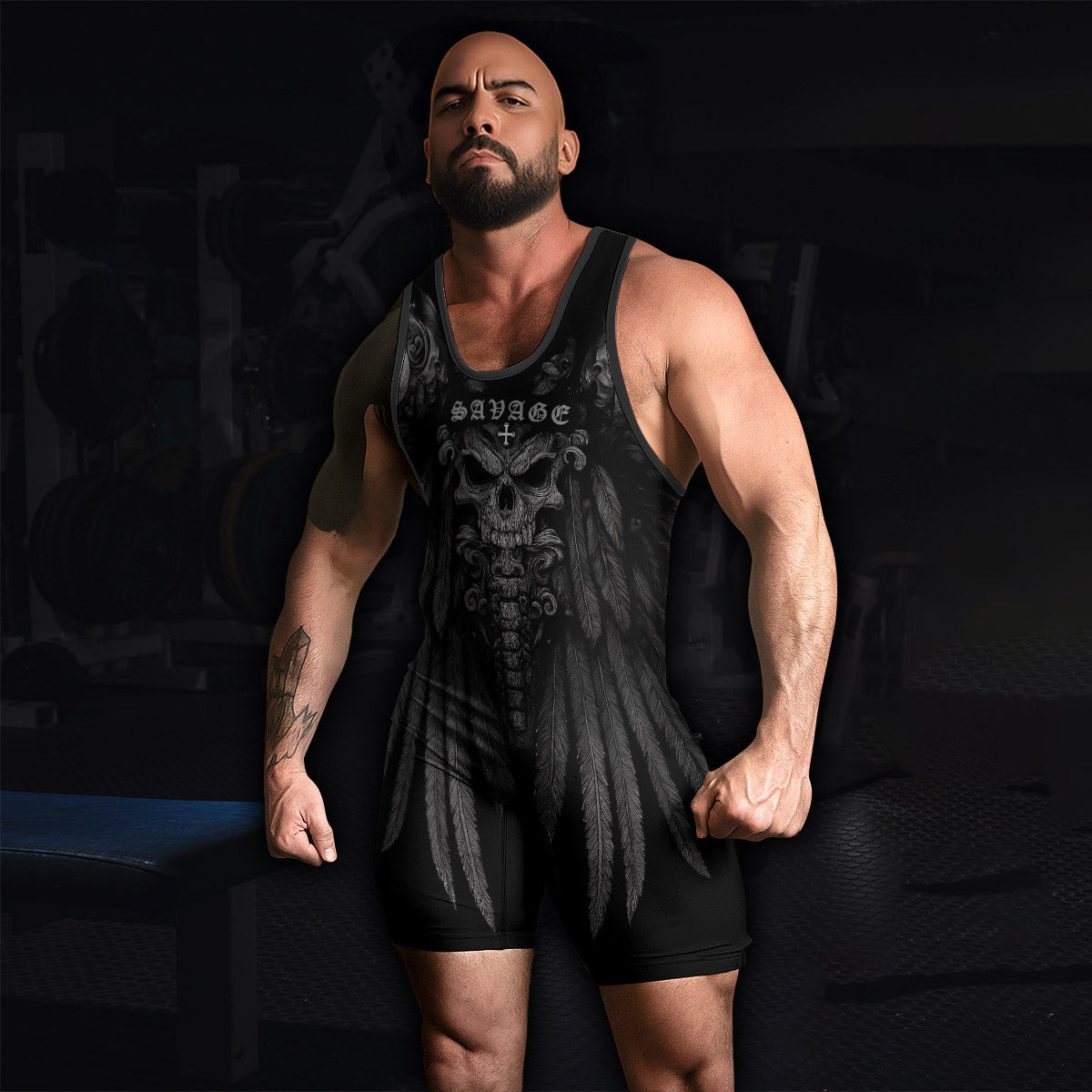 Savage Winged Skull Wrestling Singlet - men's lifestyle view