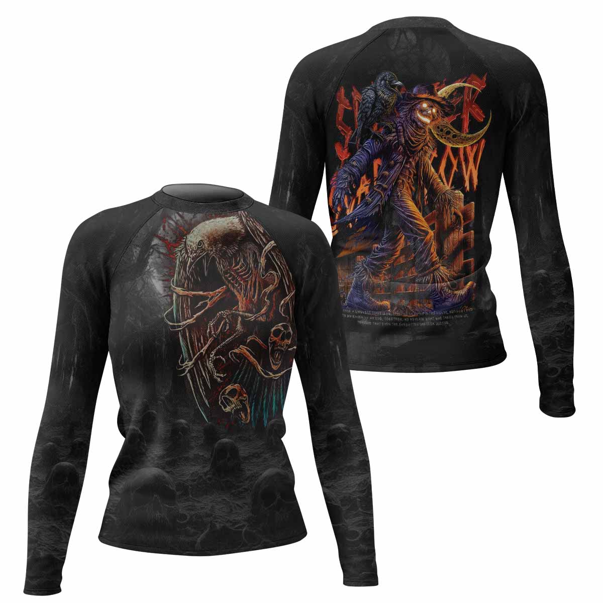 Scarecrow Prophecy Women’s Long Sleeve Rash Guard - front and back view