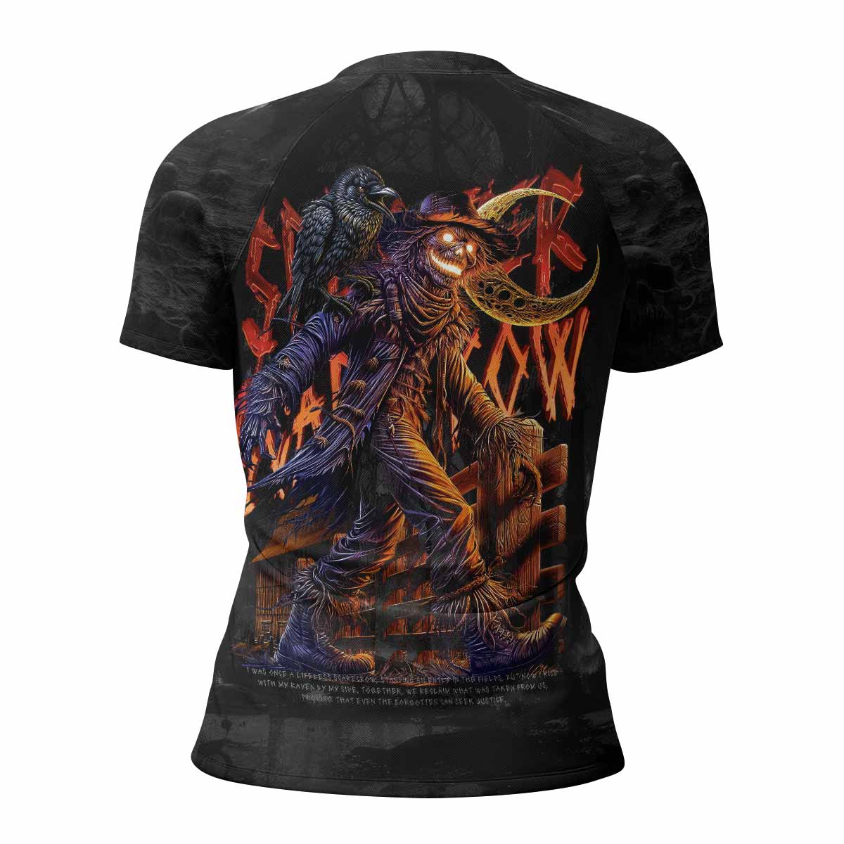 Scarecrow Prophecy Women’s Short Sleeve Rash Guard - back view mockup