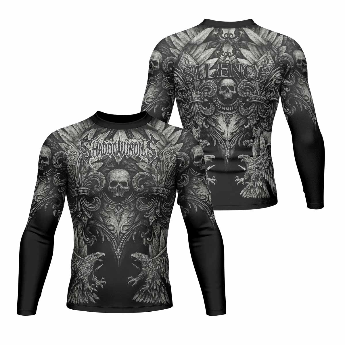 Shadow Silence Men's Rash Guard Long Sleeve – front and back view