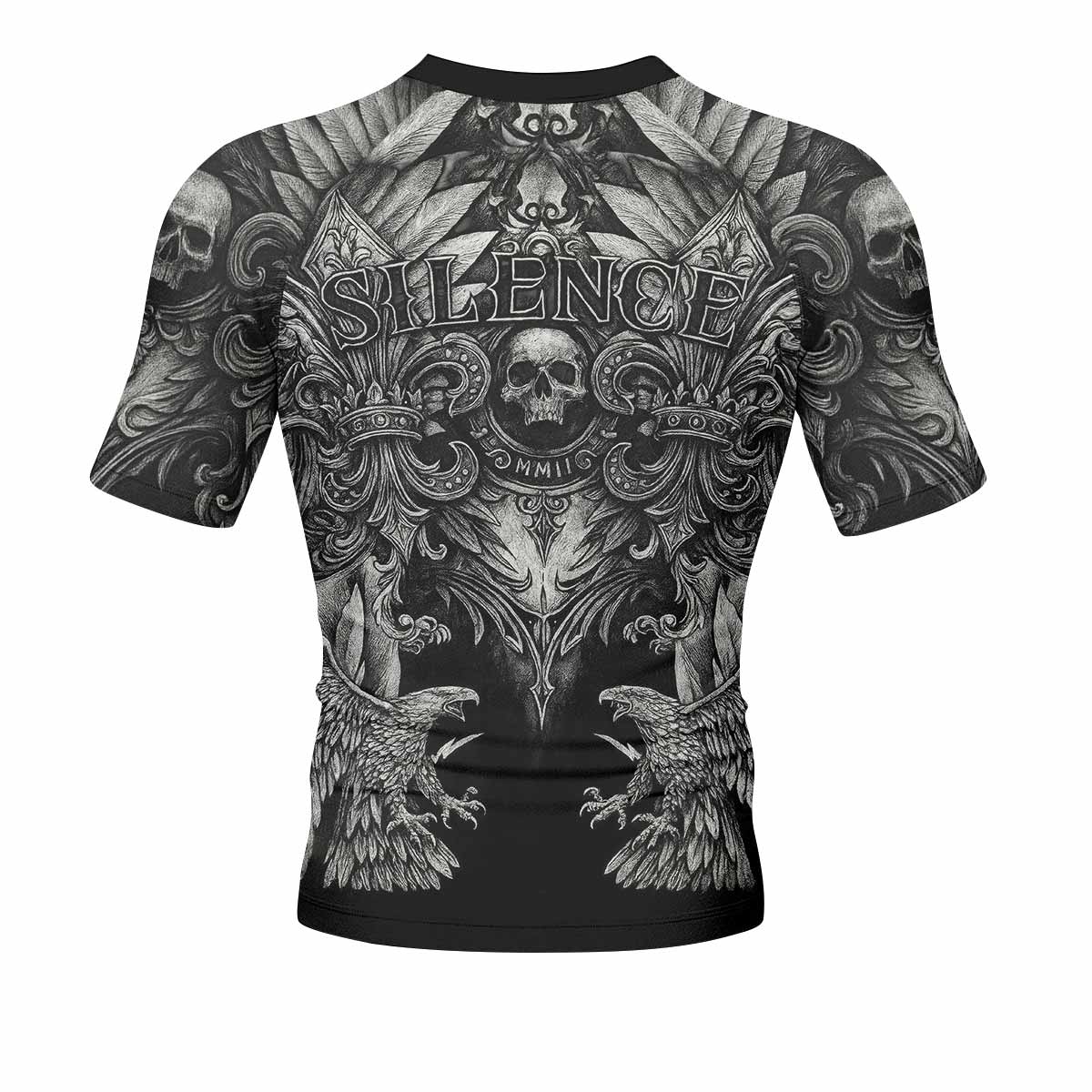 Shadow Silence Men's Rash Guard Short Sleeve – back view mockup 