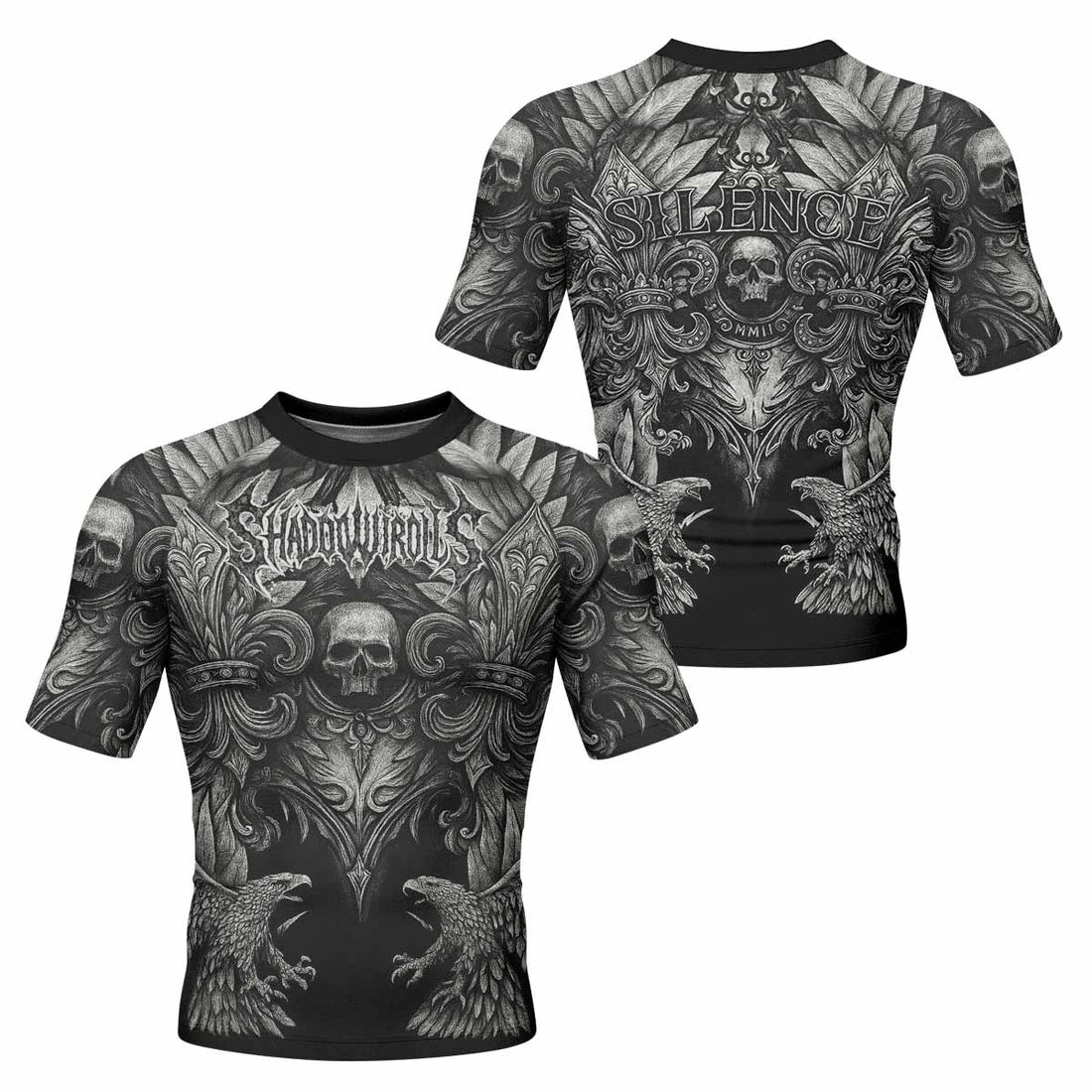 Shadow Silence Men's Rash Guard Short Sleeve – front and back view
