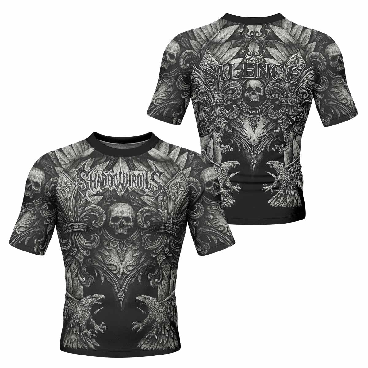 Shadow Silence Men's Rash Guard Short Sleeve – front and back view