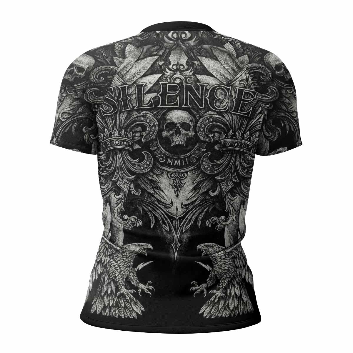 Shadow Silence Women's Rash Guard Short Sleeve – back view mockup 