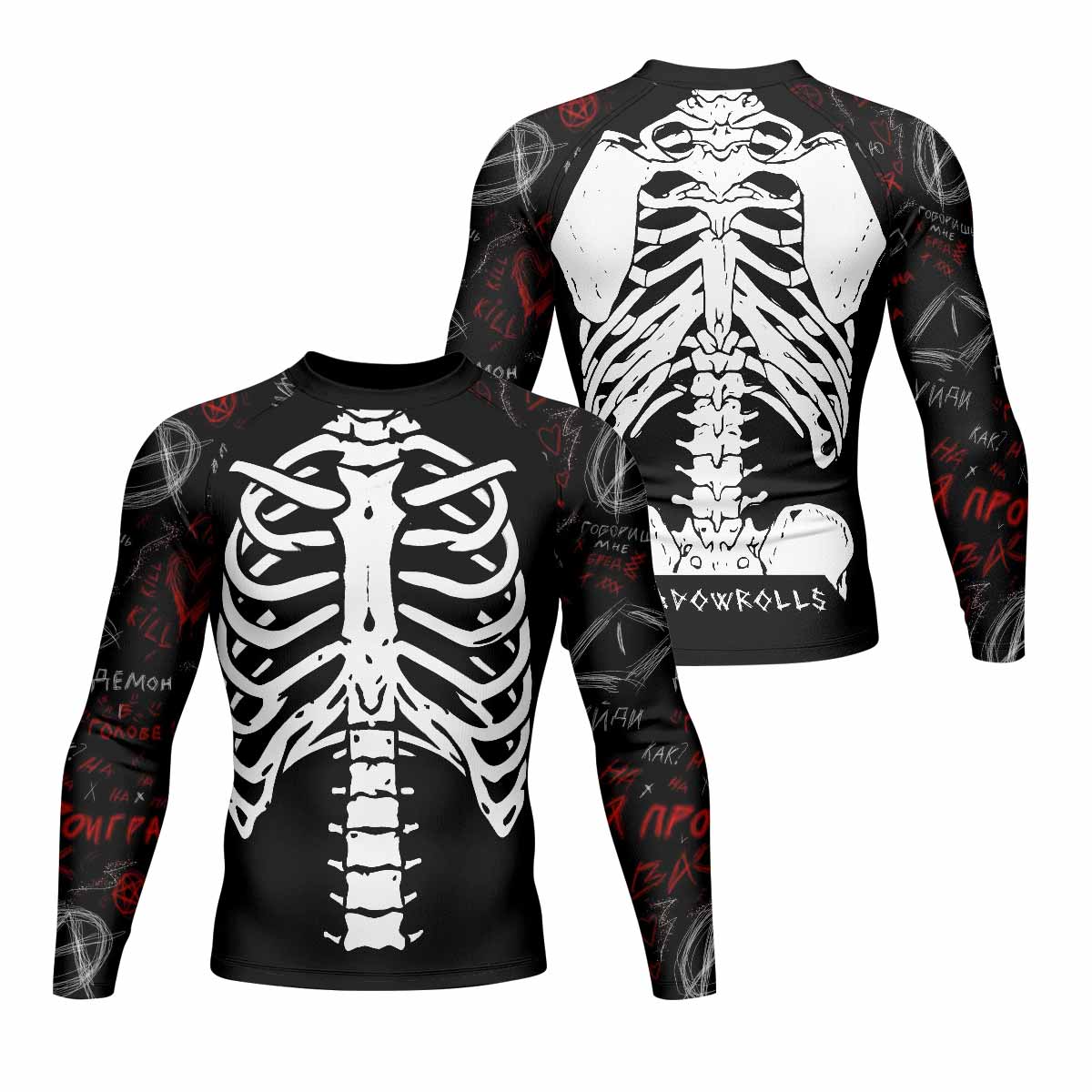 Skeleton Graffiti Men's Rash Guard Long Sleeve - front and back view