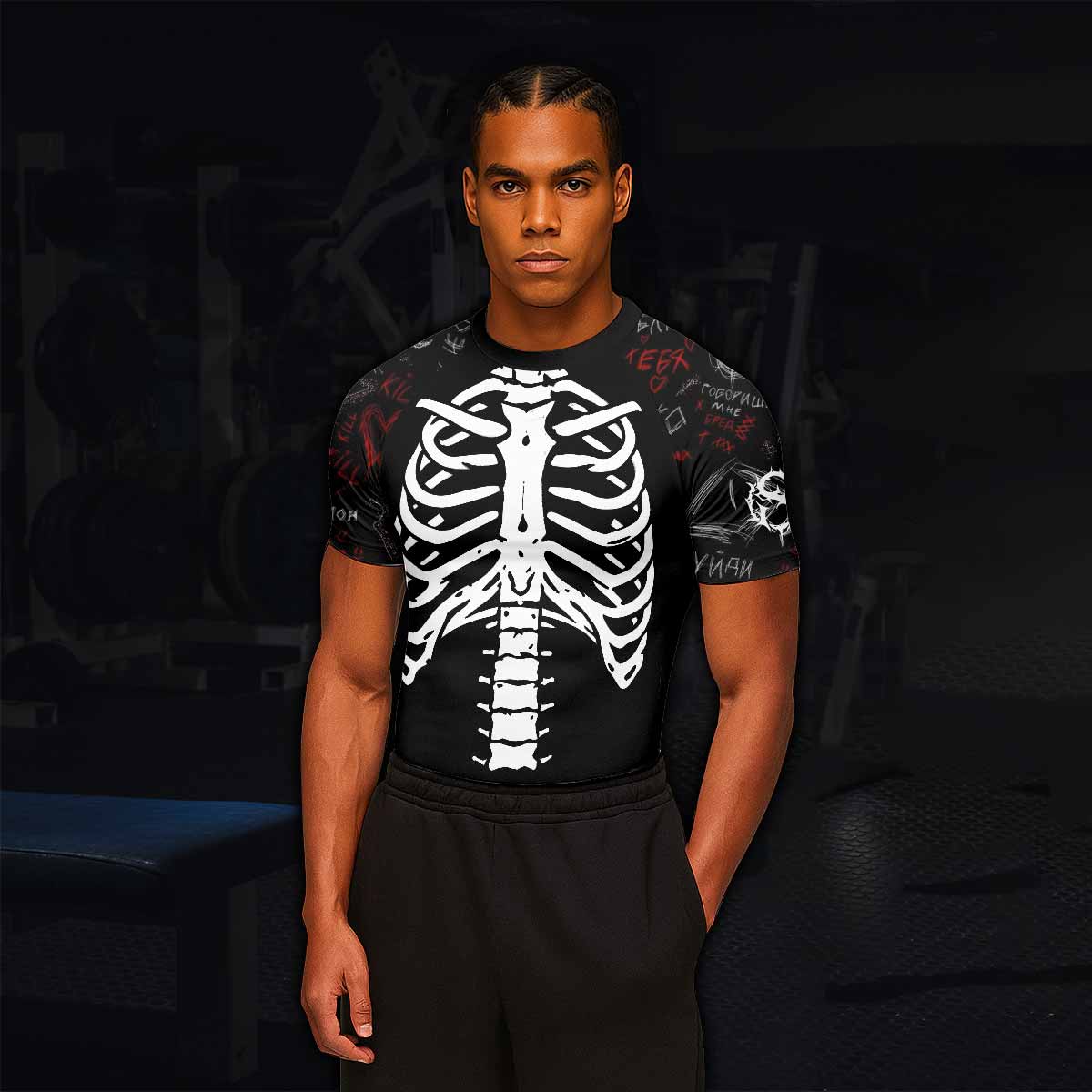 Skeleton Graffiti Men's Rash Guard Short Sleeve - lifestyle view