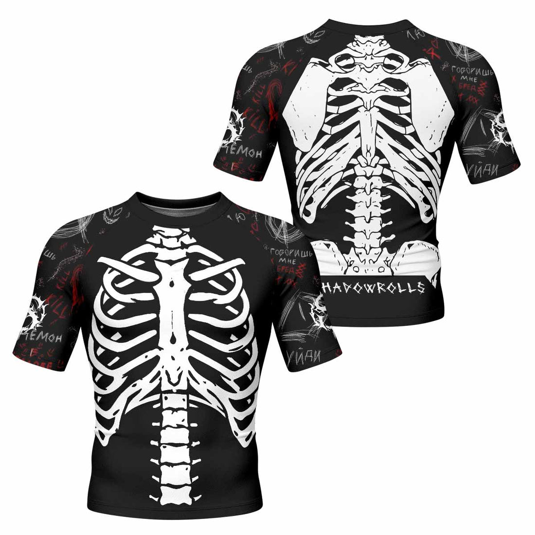 Skeleton Graffiti Men's Rash Guard Short Sleeve - front and back view