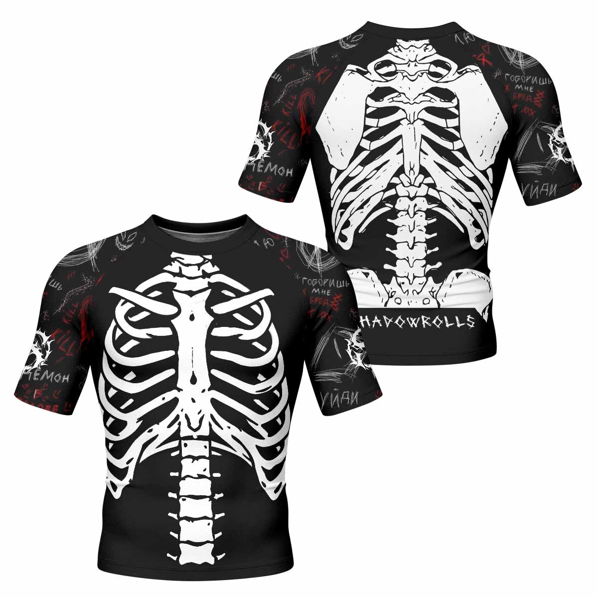 Skeleton Graffiti Men's Rash Guard Short Sleeve - front and back view