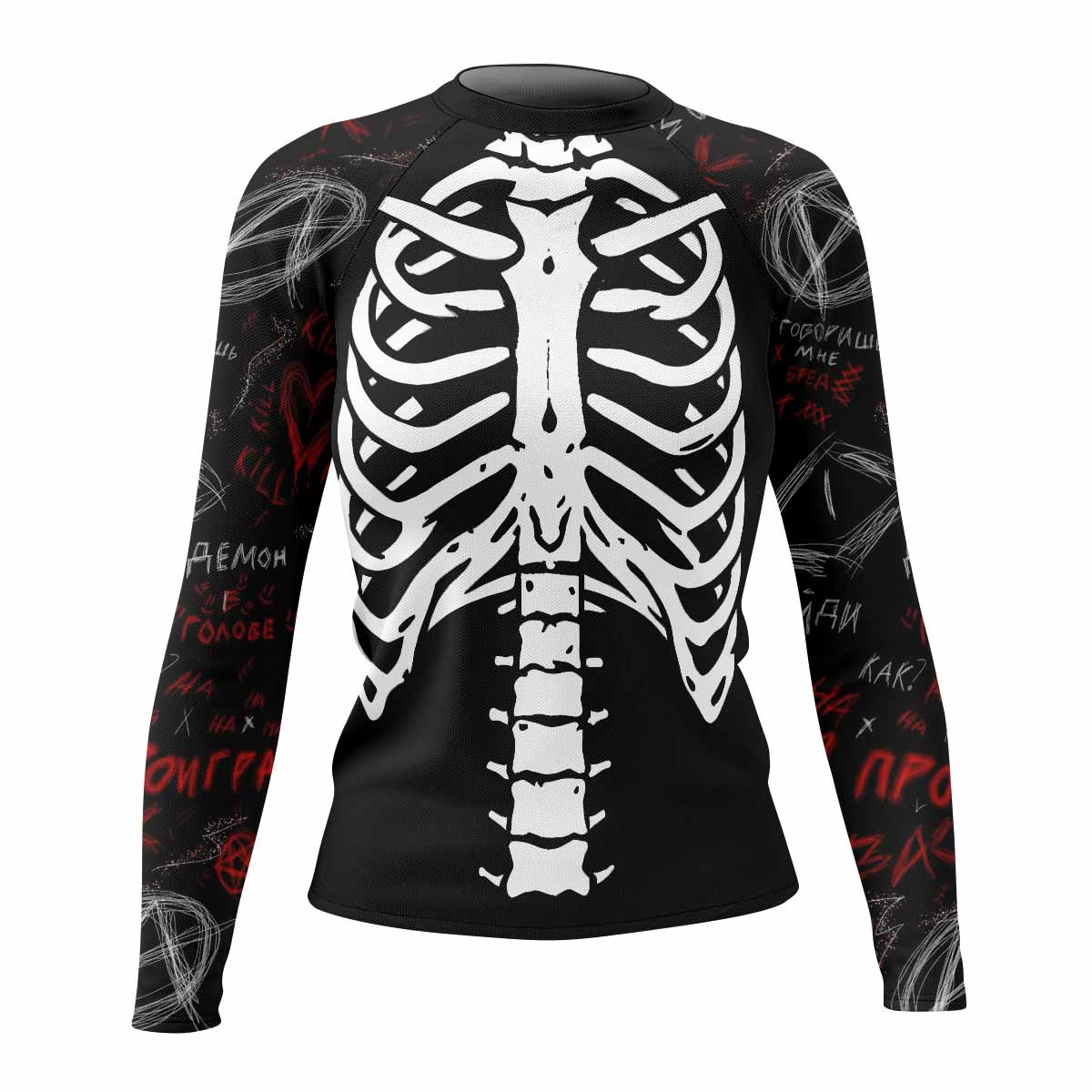 Skeleton Graffiti Women's Rash Guard Long Sleeve - front view mockup 