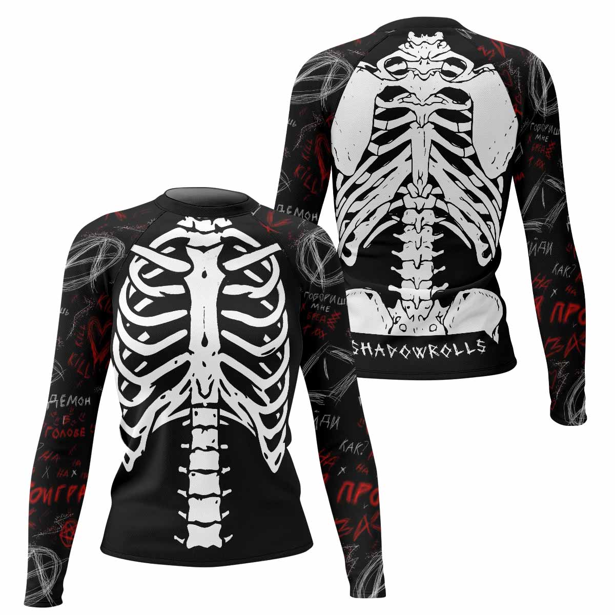 Skeleton Graffiti Women's Rash Guard Long Sleeve - front and back view
