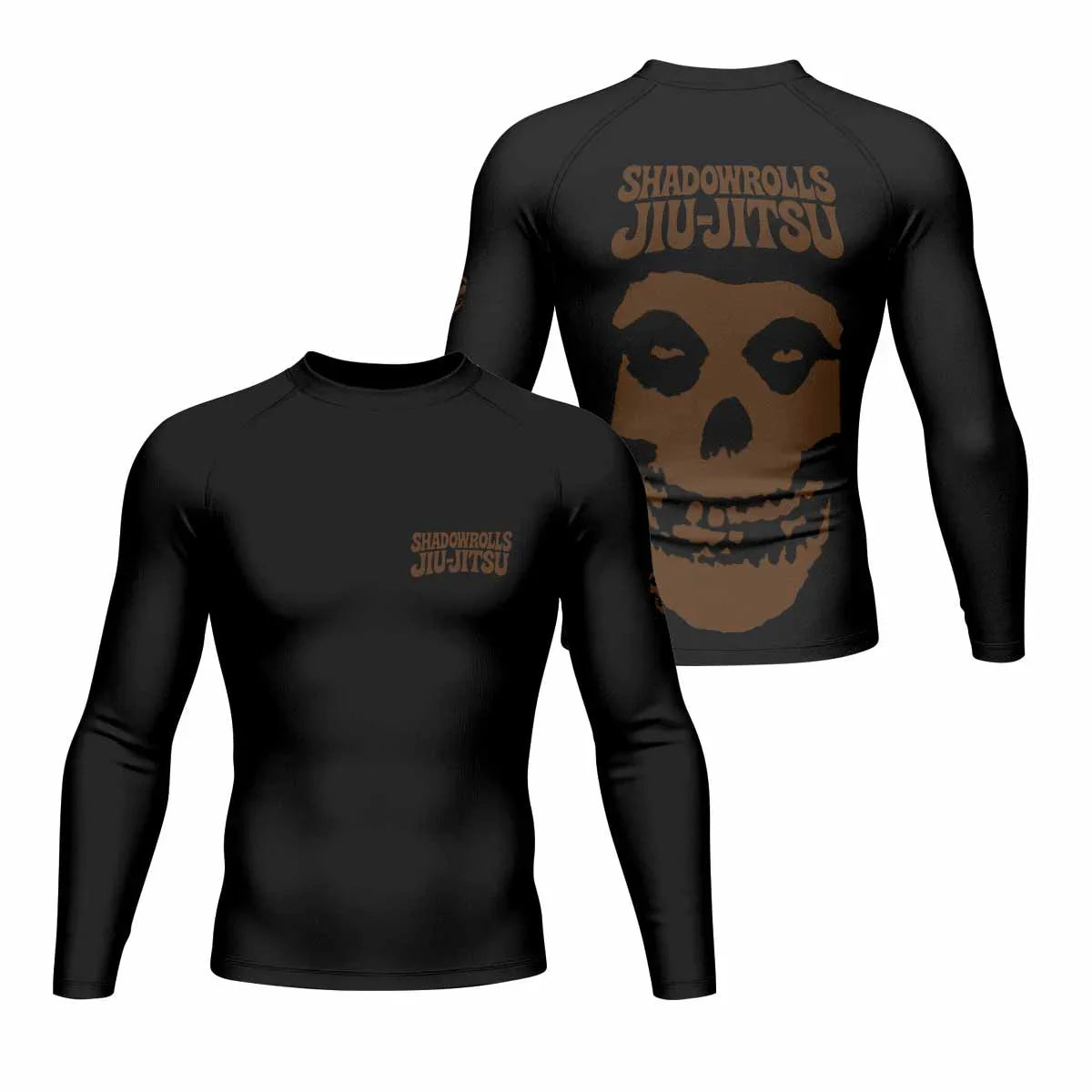 Skull Jiu-Jitsu Ranked - Brown Men's Rash Guard Long Sleeve - front and back view