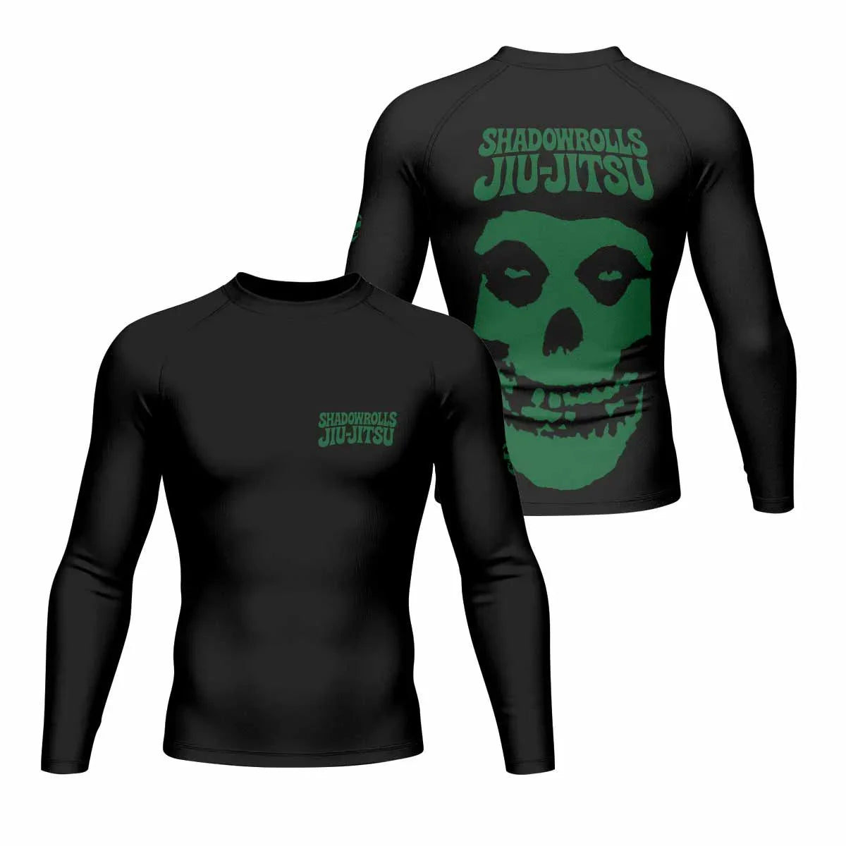 Skull Jiu-Jitsu Ranked - Green Men's Rash Guard Long Sleeve - front and back view