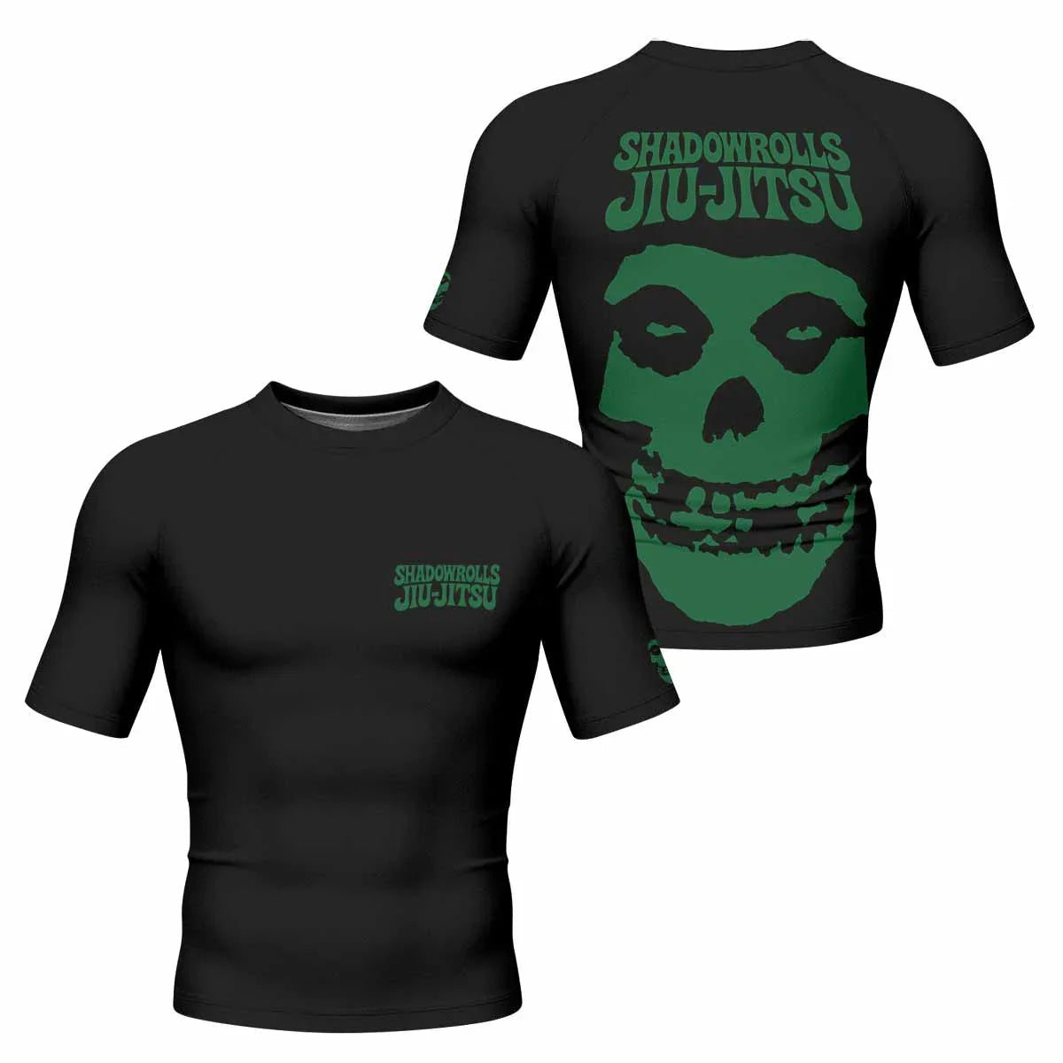 Skull Jiu-Jitsu Ranked - Green Men's Rash Guard Short Sleeve - front and back view