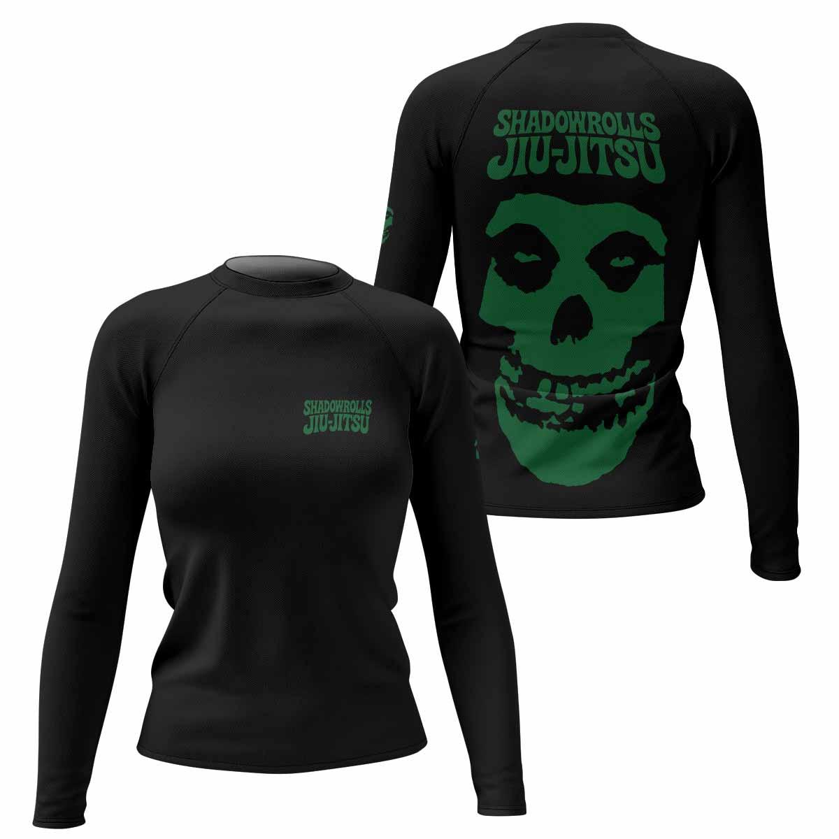 Skull Jiu-Jitsu Ranked - Green Women's Rash Guard Long Sleeve - front and back view