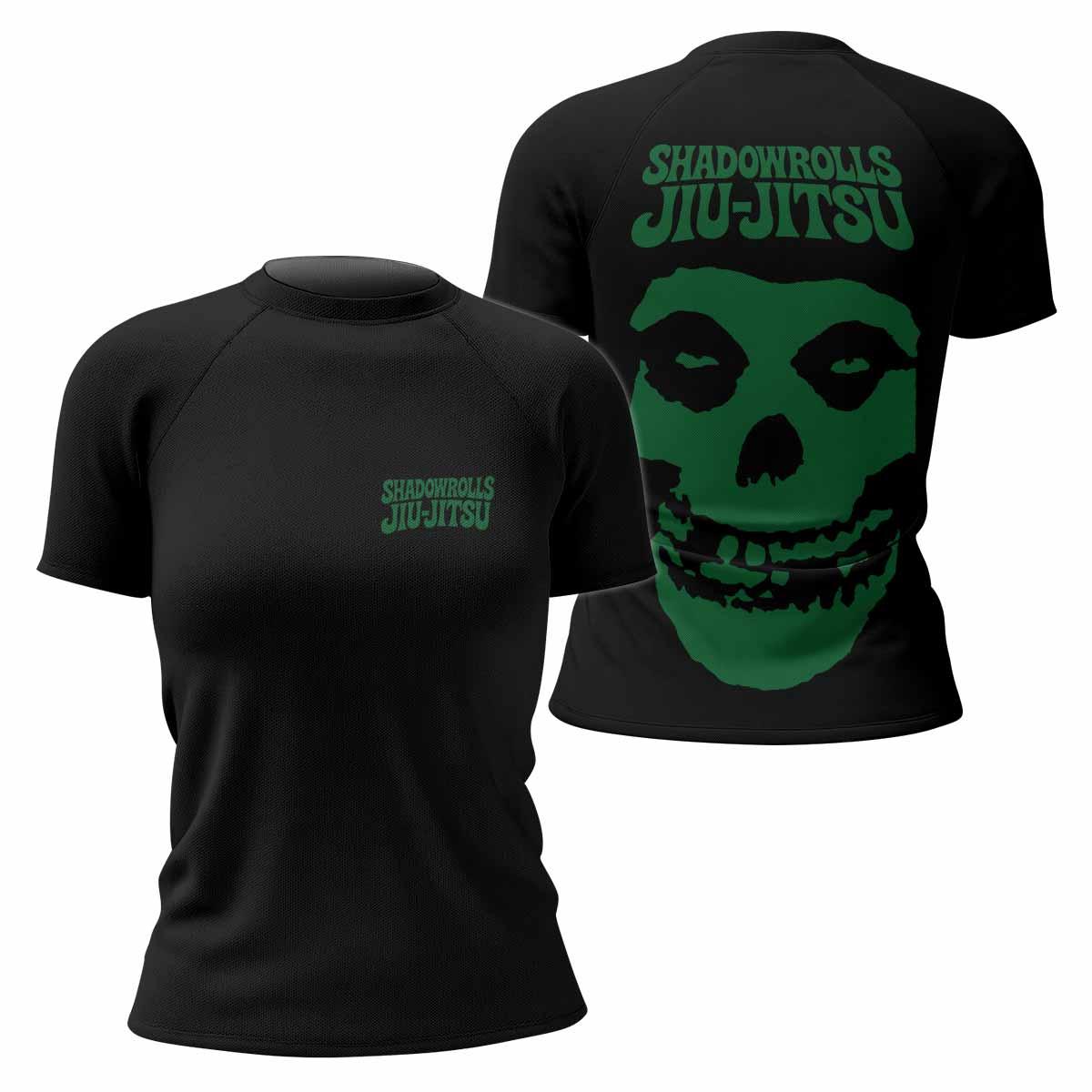 Skull Jiu-Jitsu Ranked - Green Women's Rash Guard Short Sleeve - front and back view