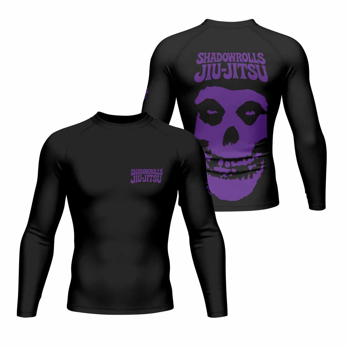 Skull Jiu-Jitsu Ranked - Purple Men's Rash Guard Long Sleeve - front and back view