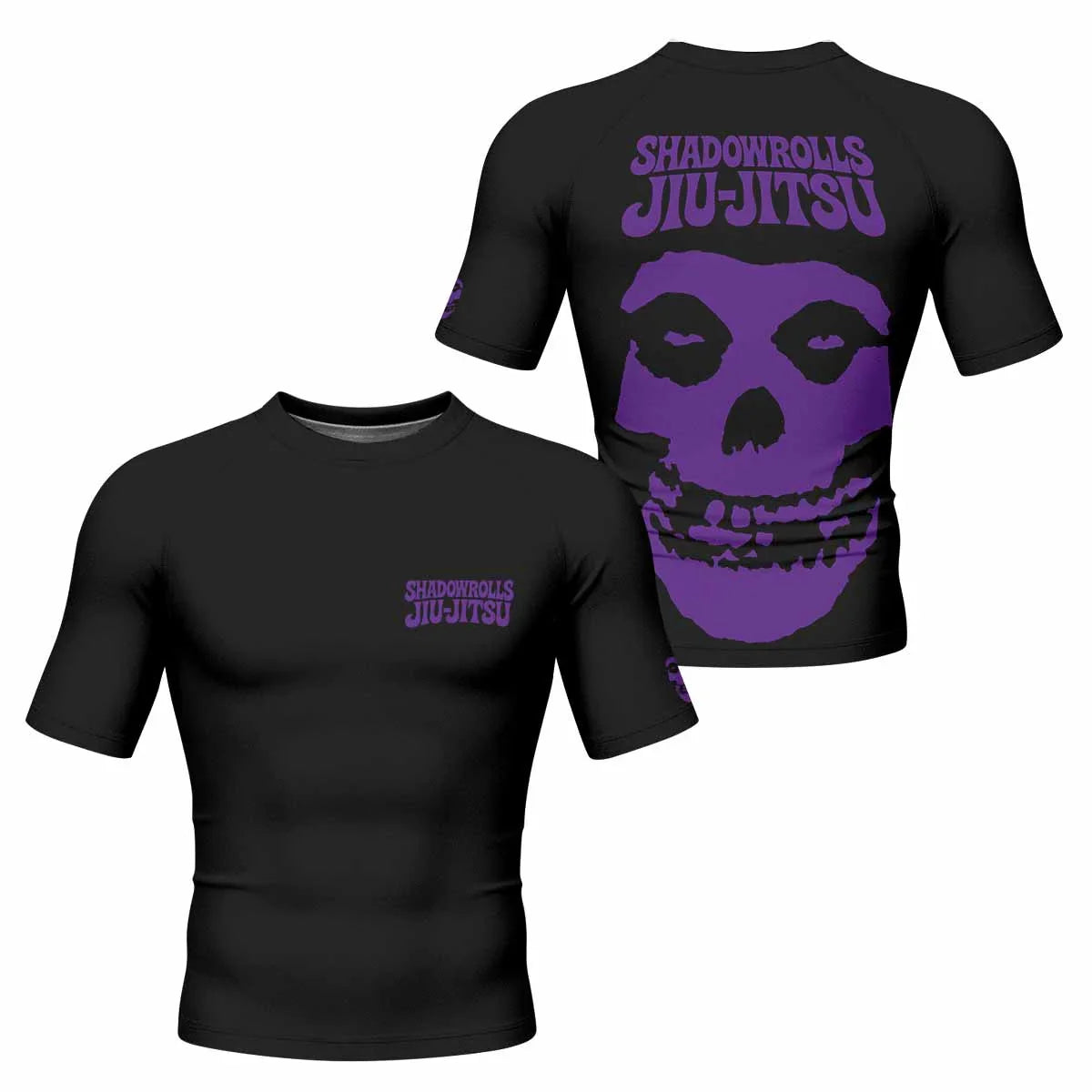 Skull Jiu-Jitsu Ranked - Purple Men's Rash Guard Short Sleeve - front and back view