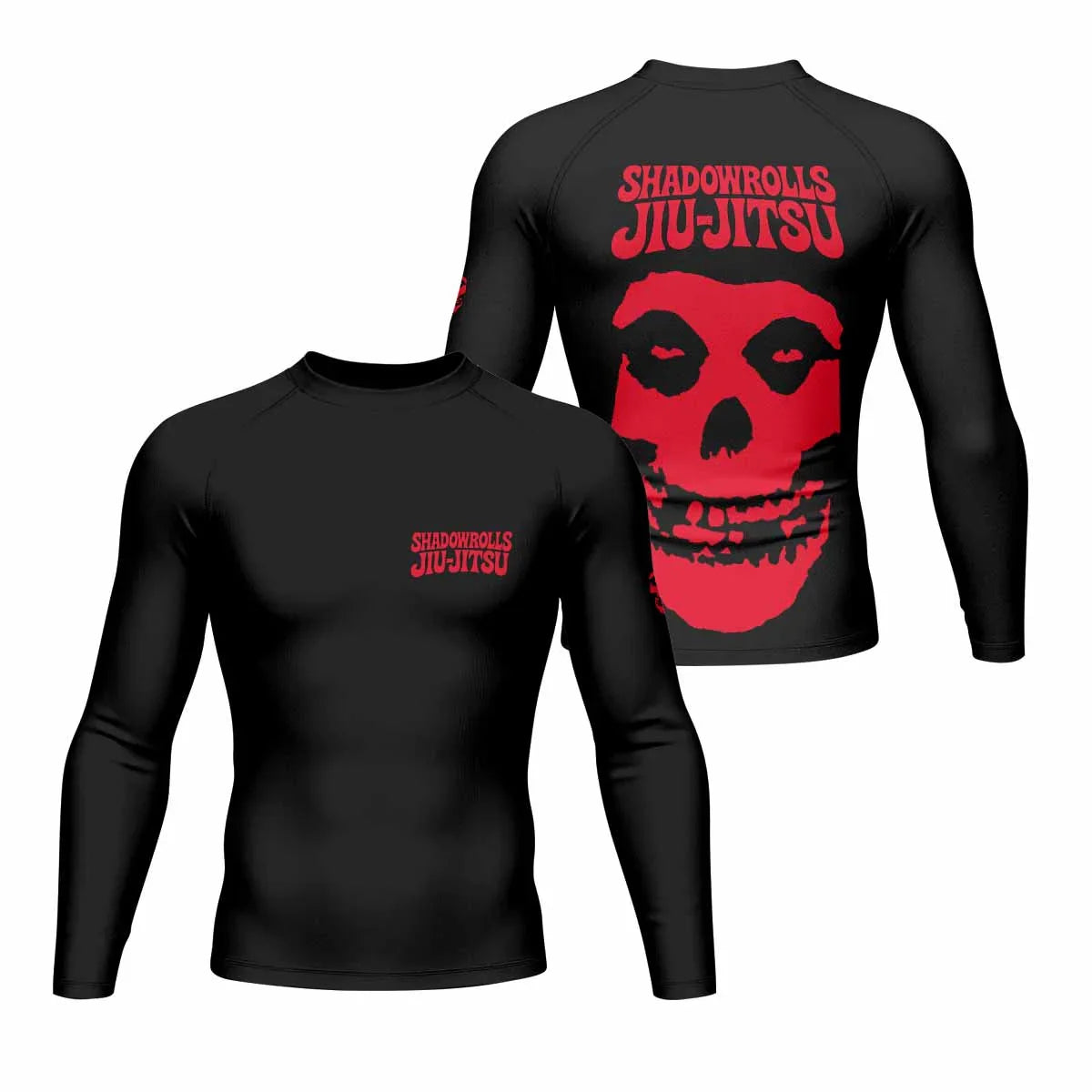 Skull Jiu-Jitsu Ranked - Red Men's Rash Guard Long Sleeve - front and back view