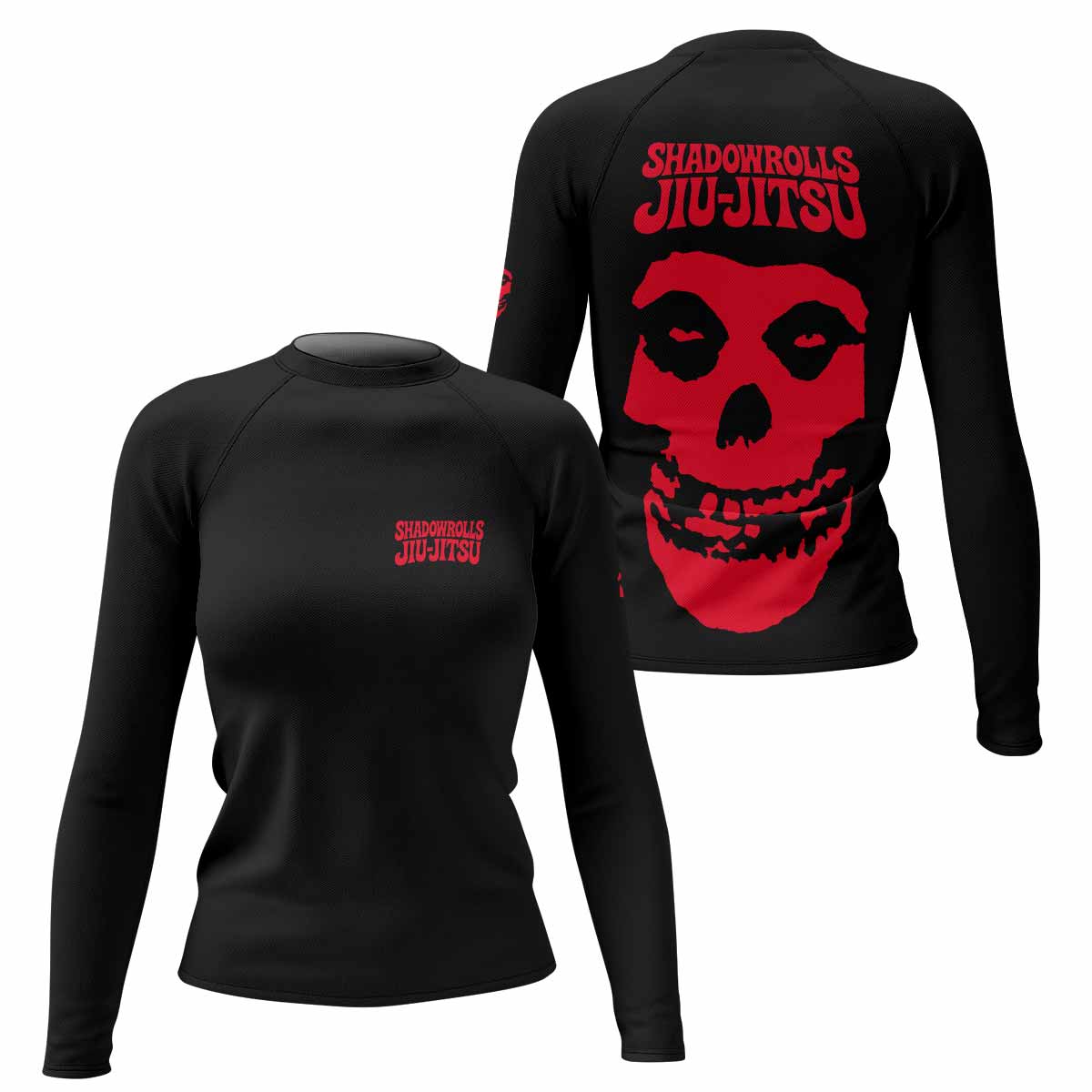 Skull Jiu-Jitsu Ranked - Red Women's Rash Guard Long Sleeve - front and back view