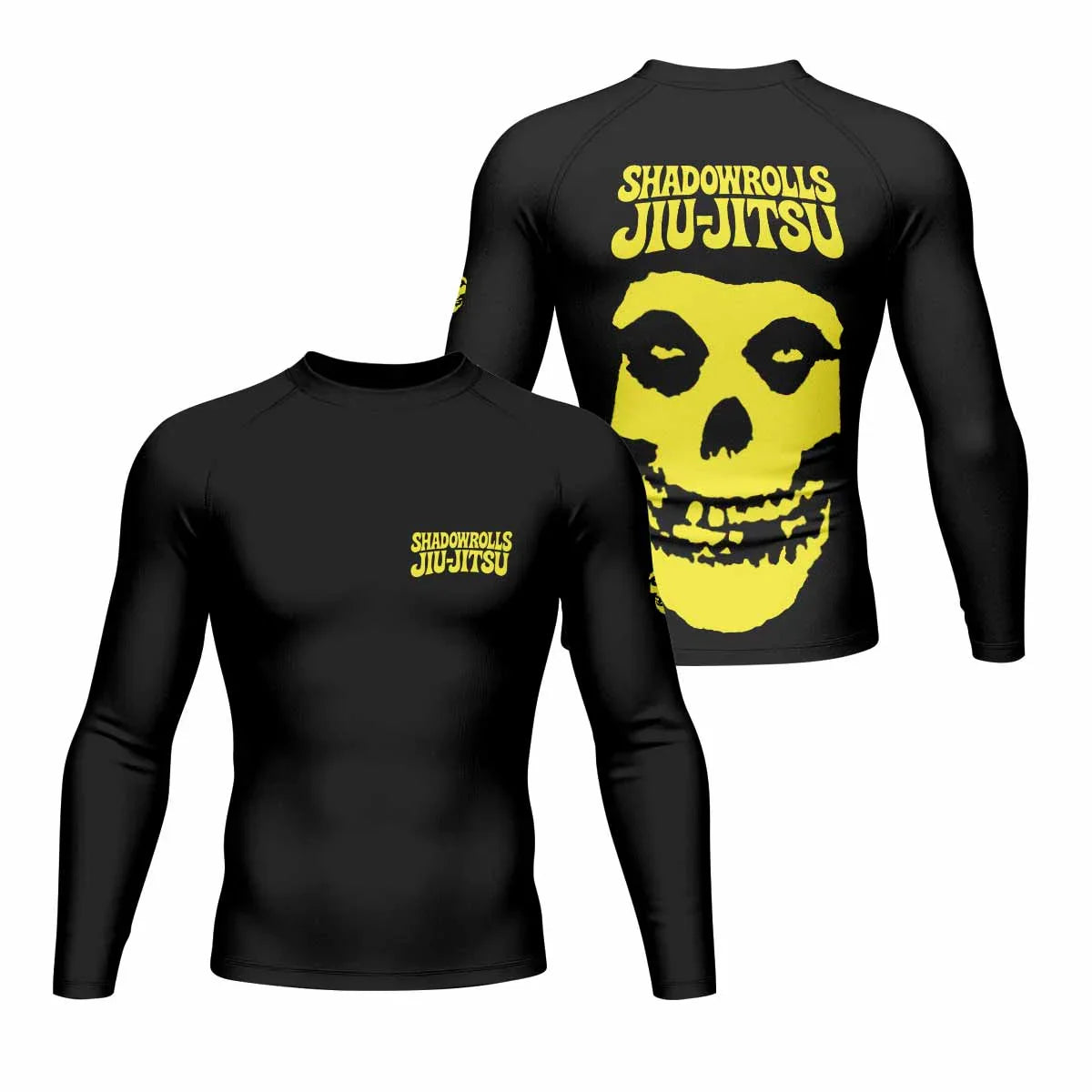 Skull Jiu-Jitsu Ranked - Yellow Men's Rash Guard Long Sleeve - front and back view