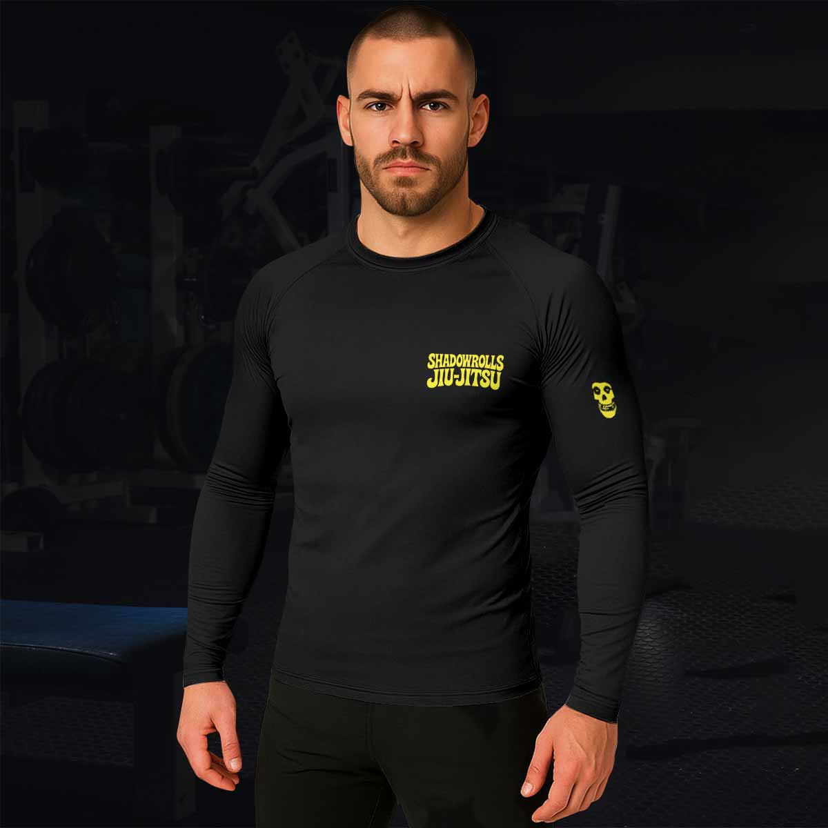 Skull Jiu-Jitsu Ranked - Yellow Men's Rash Guard Long Sleeve - lifestyle view
