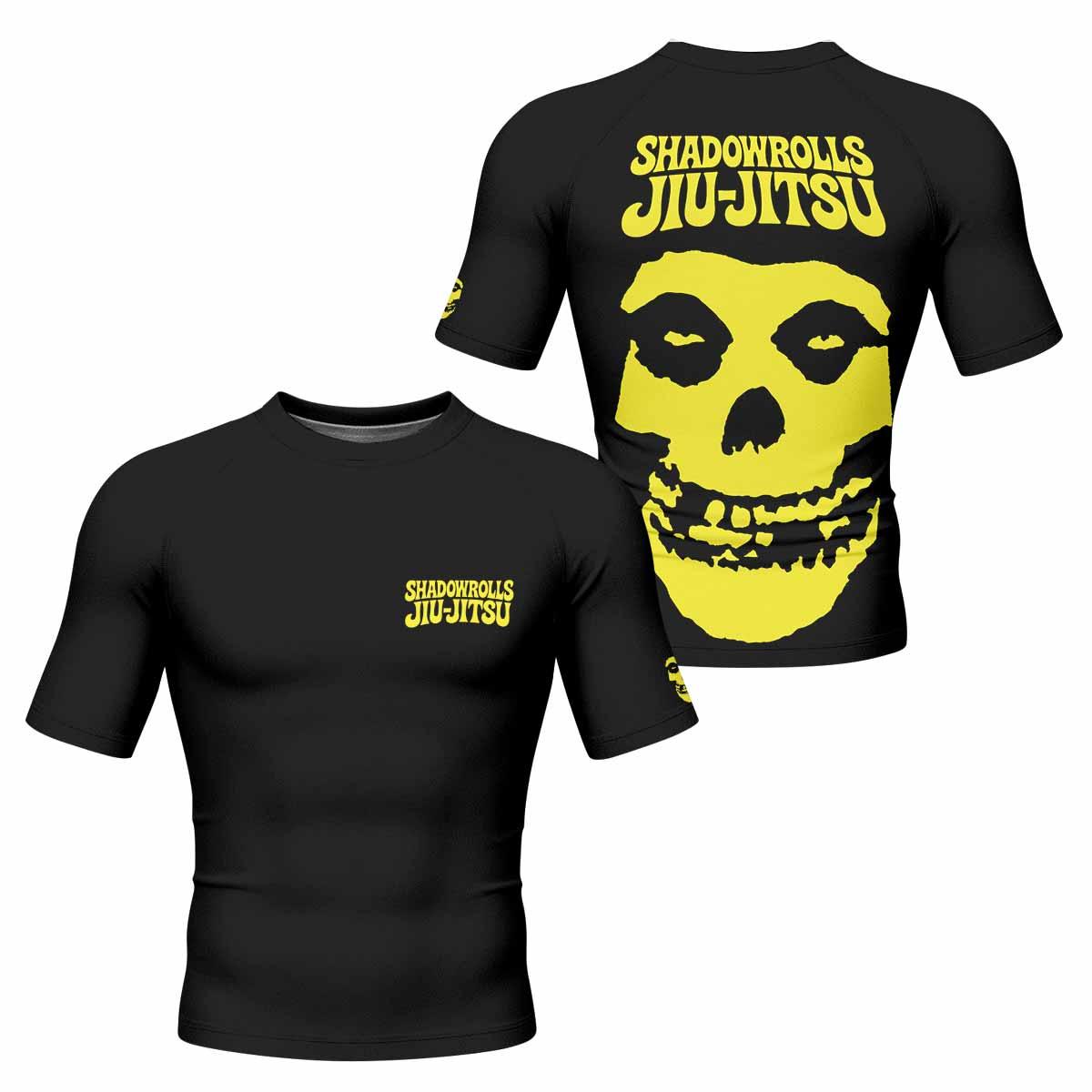 Skull Jiu-Jitsu Ranked - Yellow Men's Rash Guard Short Sleeve - front and back view