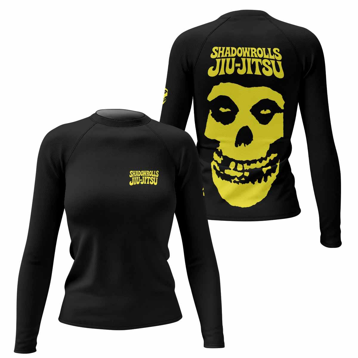 Skull Jiu-Jitsu Ranked - Yellow Women's Rash Guard Long Sleeve - front and back view