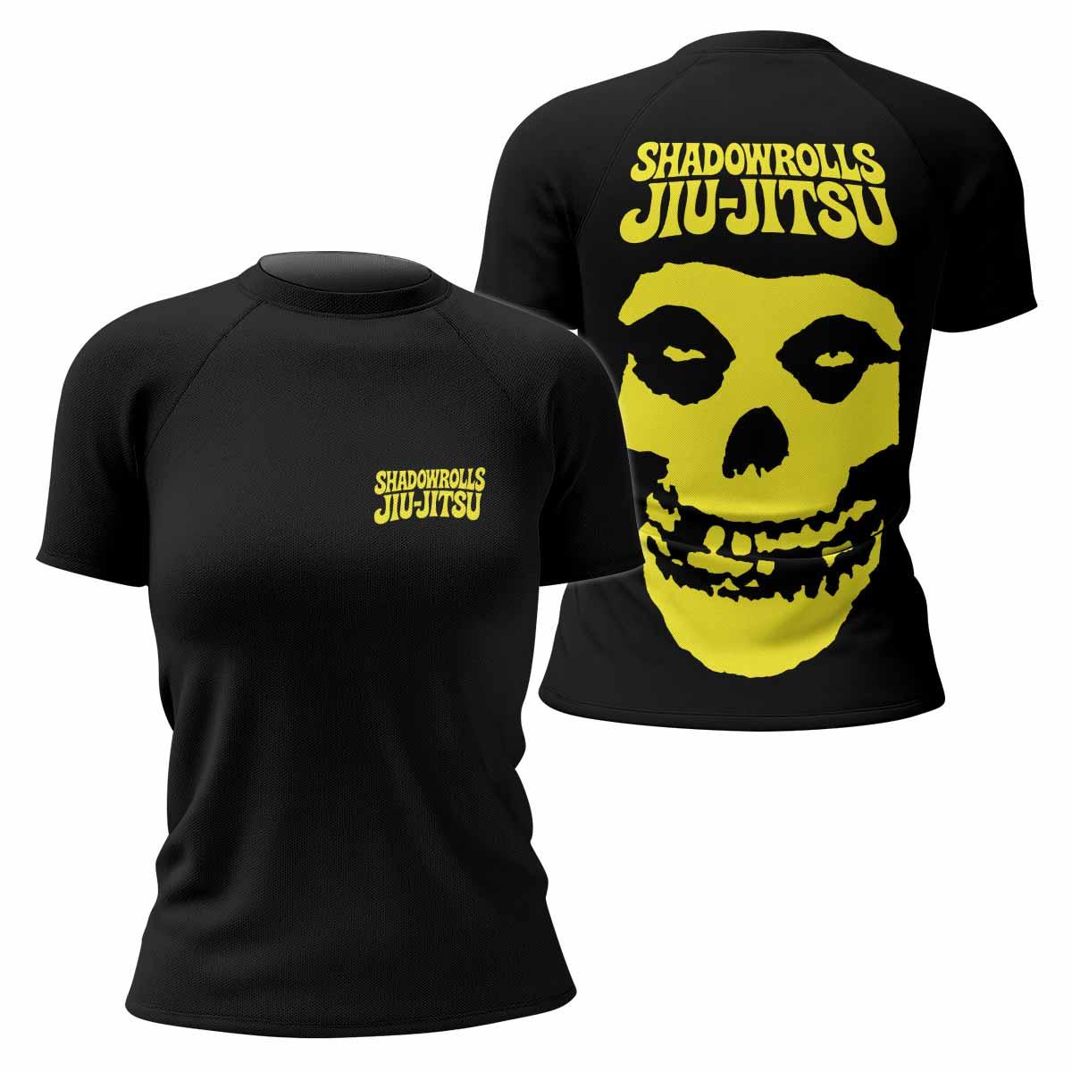 Skull Jiu-Jitsu Ranked - Yellow Women's Rash Guard Short Sleeve - front and back view