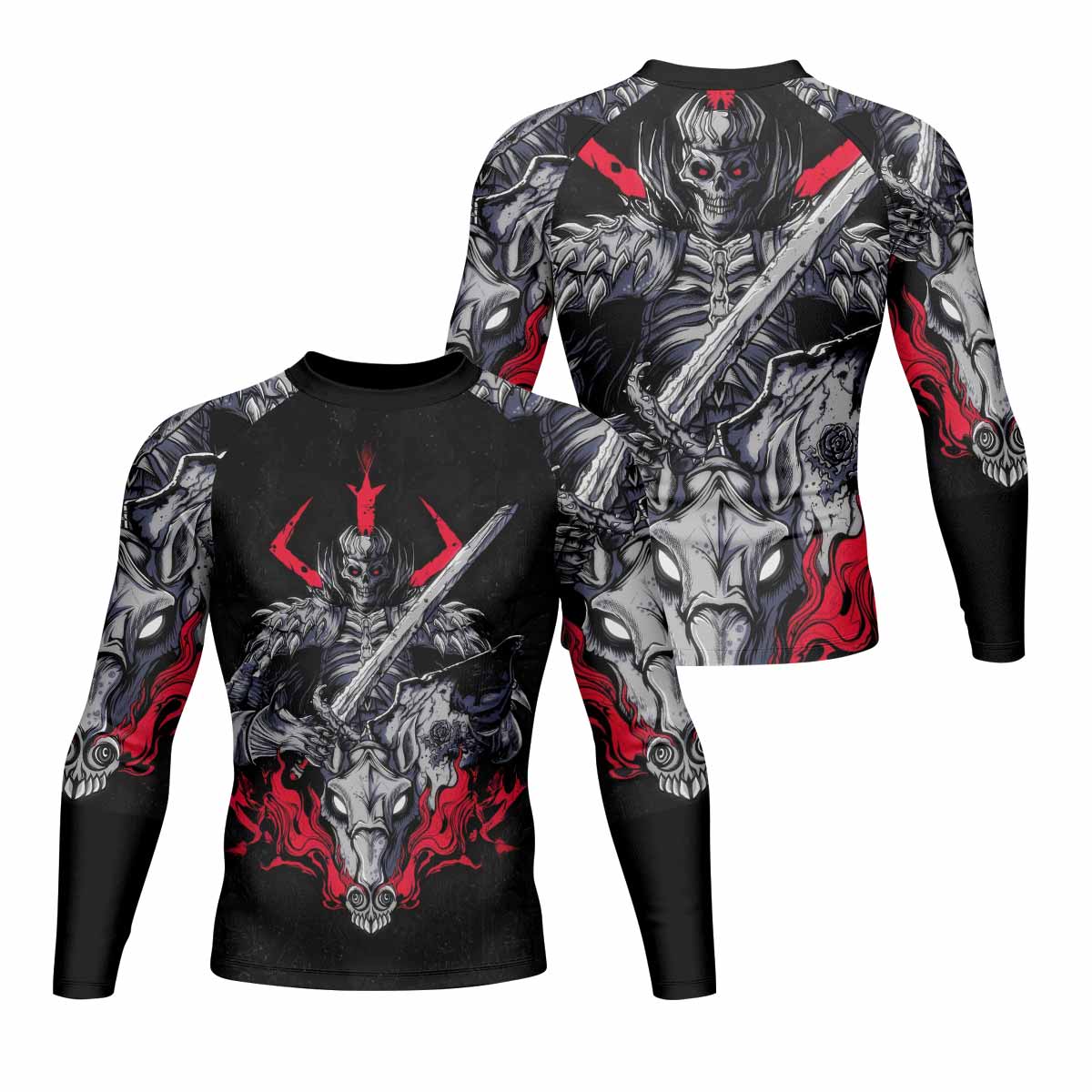 Skull Knight Berserk Men's Rash Guard Long Sleeve - front and back view