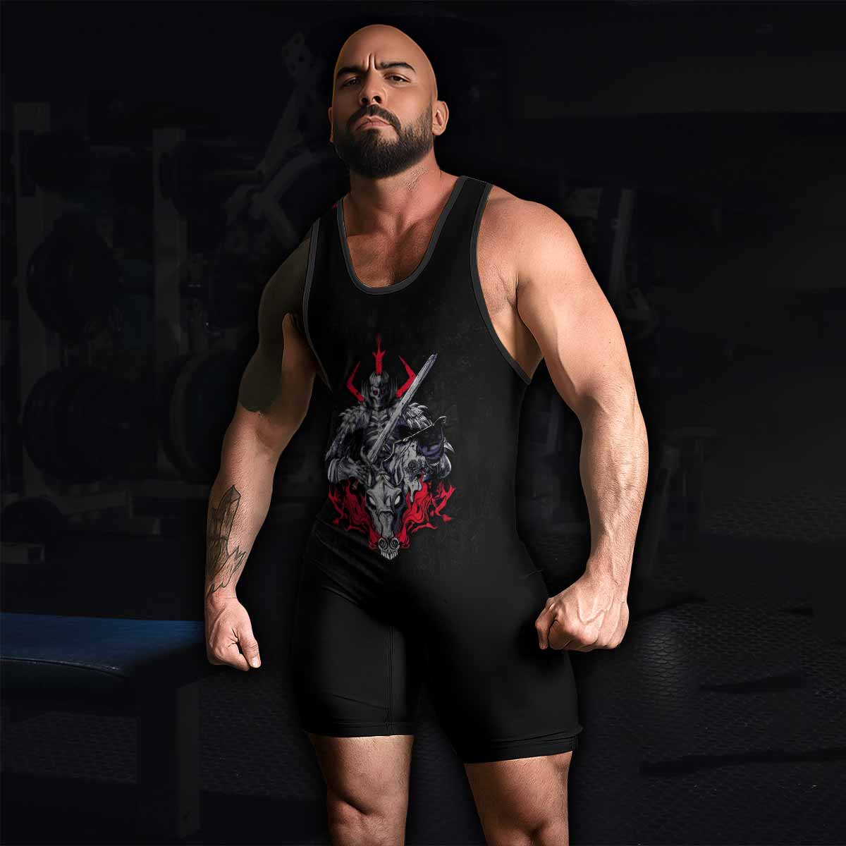 Skull Knight Berserk Wrestling Singlet - men's lifestyle view