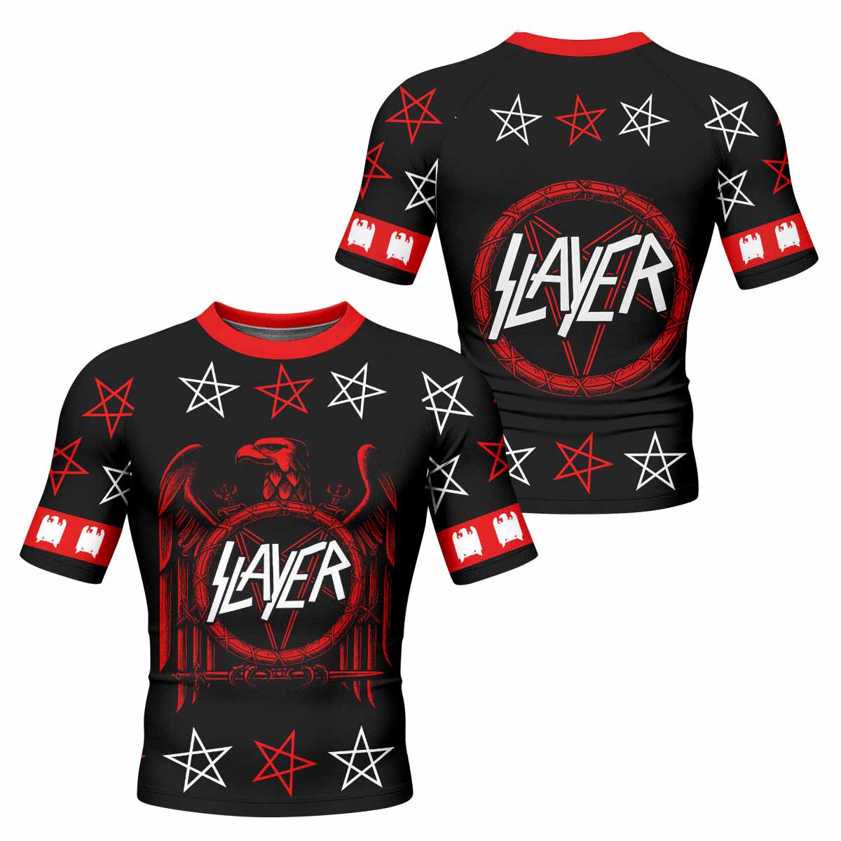 Slayer Red Eagle Men's Rash Guard Short Sleeve - front and back view