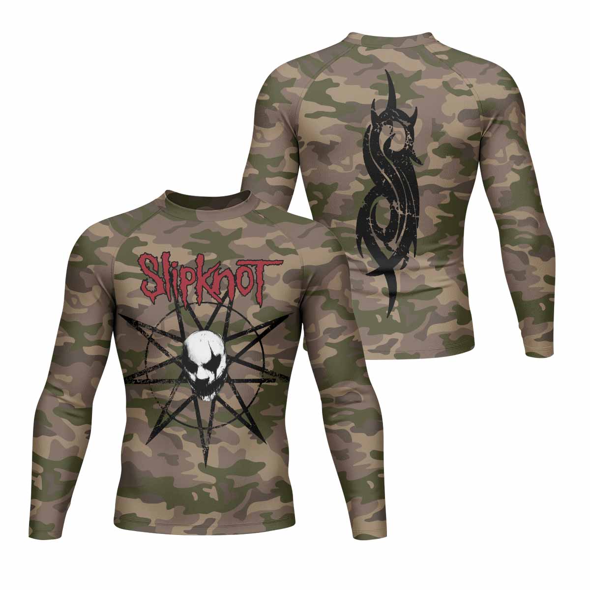 Slipknot Mask Camo Men's Rash Guard Long Sleeve - front and back view