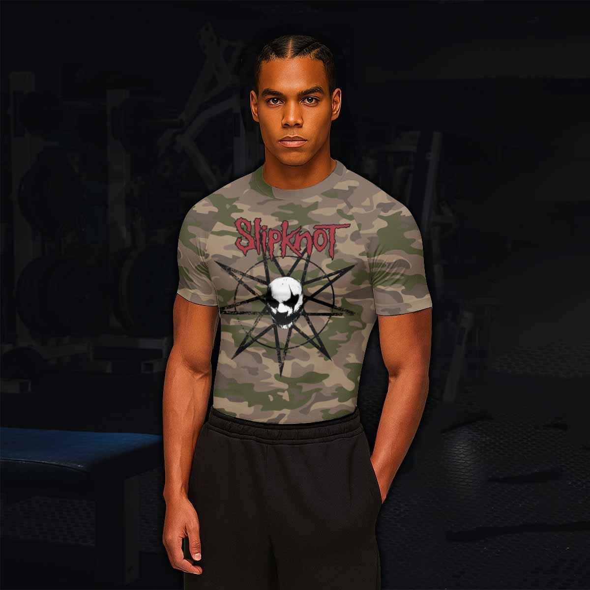 Slipknot Mask Camo Men's Rash Guard Short Sleeve - lifestyle view