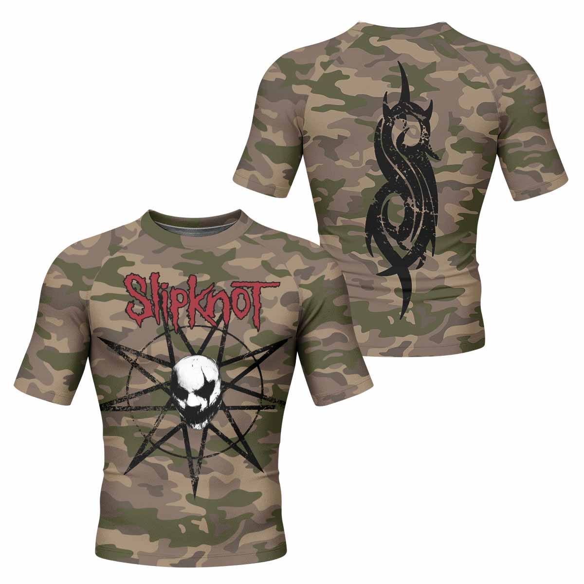 Slipknot Mask Camo Men's Rash Guard Short Sleeve - front and back view