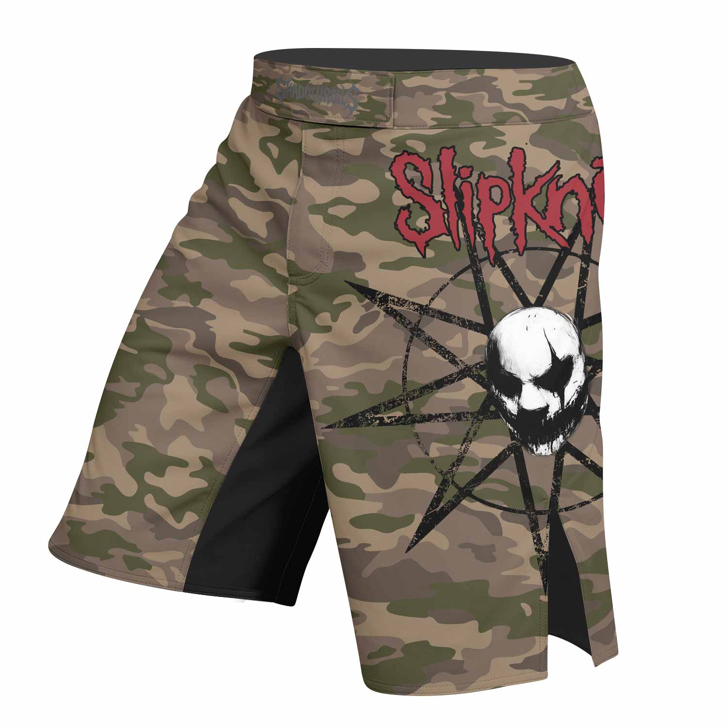 Slipknot Mask Camo Fight Shorts - left side mockup
